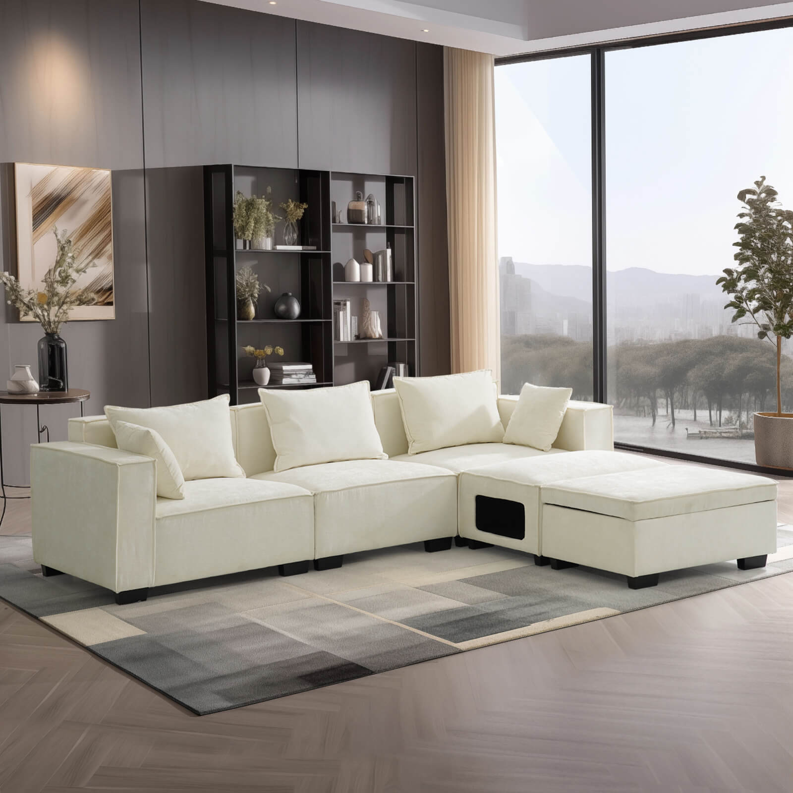 Sectional Sofa, Modern Chenille Fabric, U Shape Sectional 5 Seater Living Room Chaise, with Storage/Pet Sofa