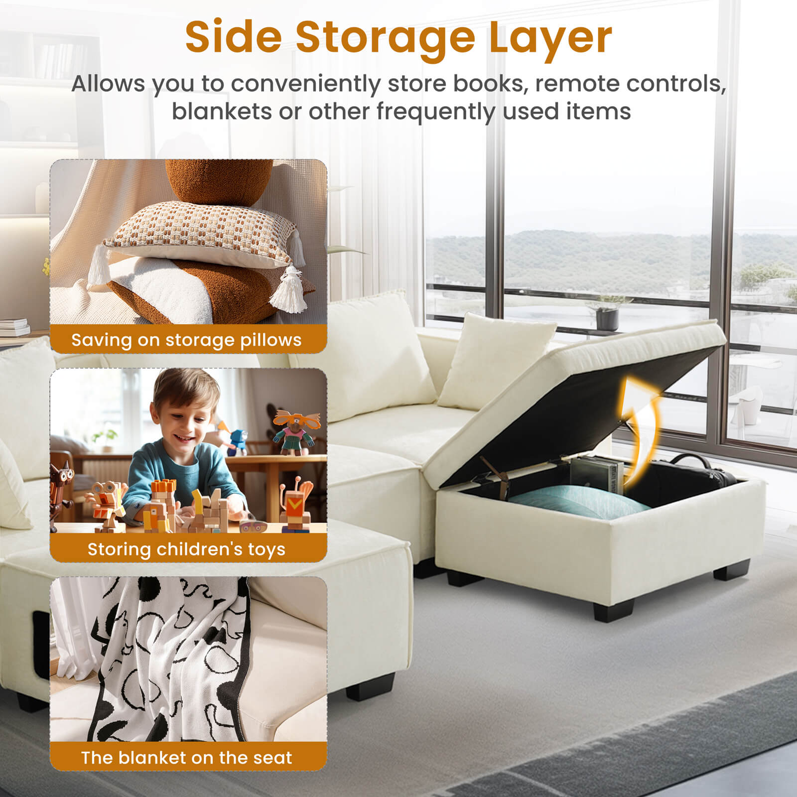 Sectional Sofa, Modern Chenille Fabric, U Shape Sectional 5 Seater Living Room Chaise, with Storage/Pet Sofa