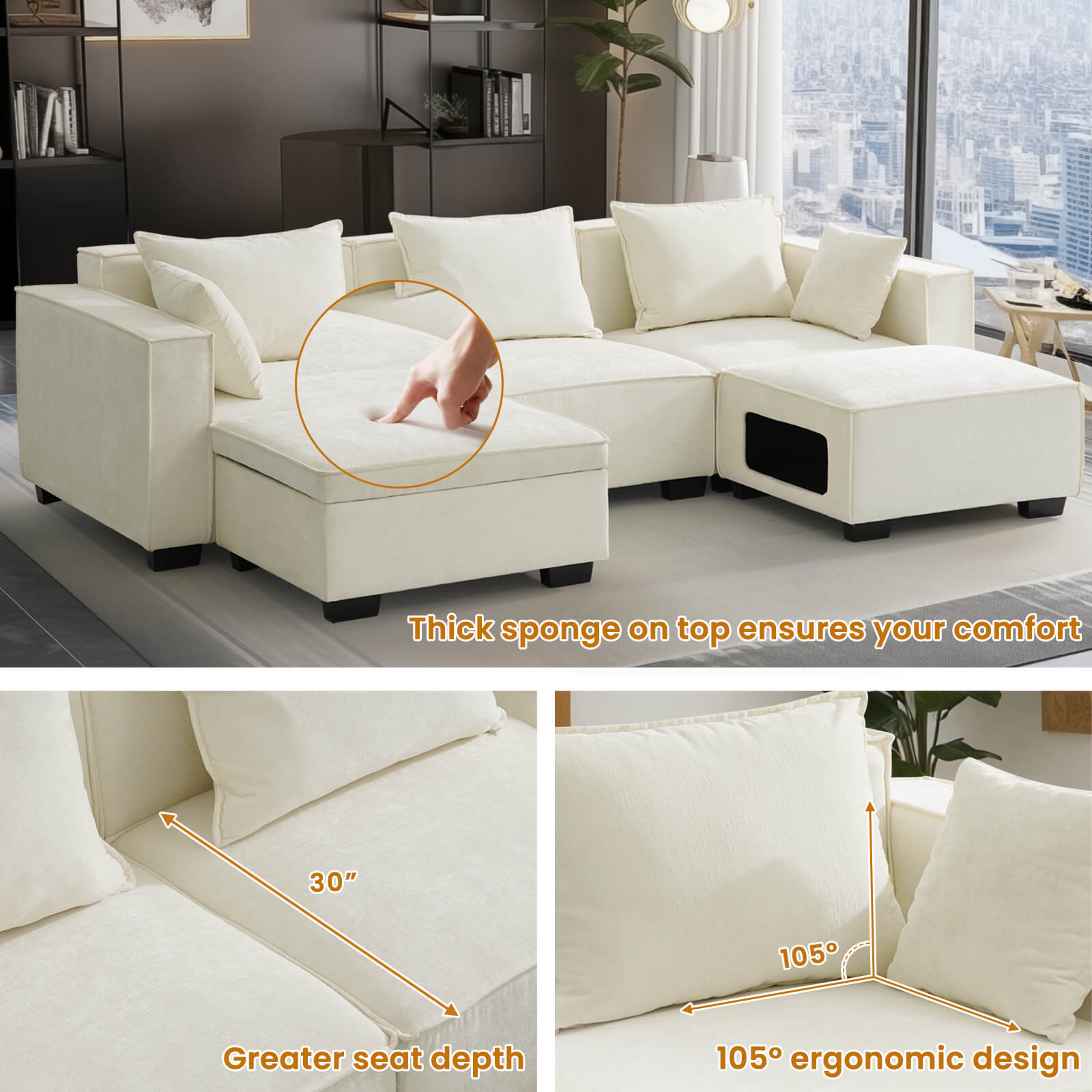Sectional Sofa, Modern Chenille Fabric, U Shape Sectional 5 Seater Living Room Chaise, with Storage/Pet Sofa