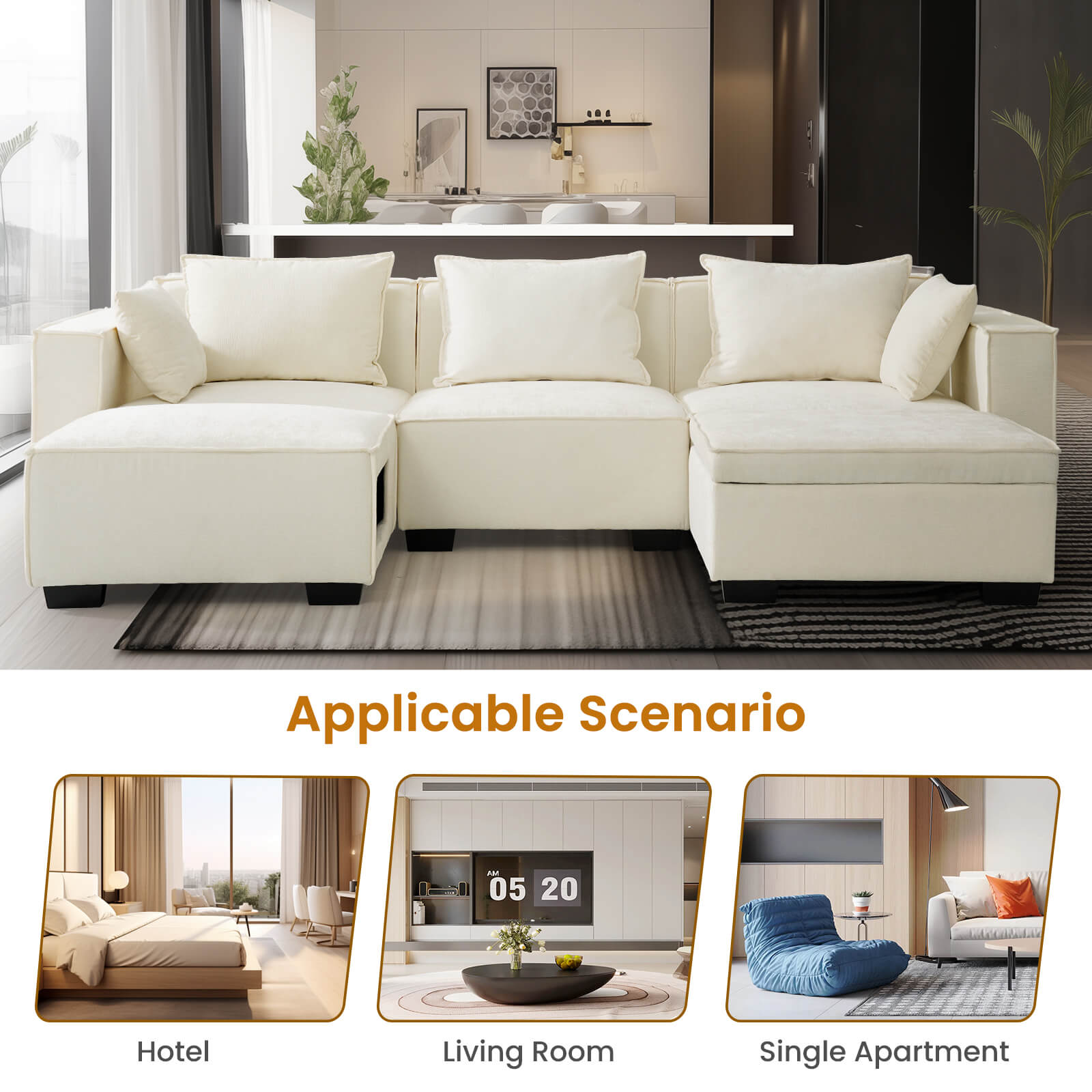 Sectional Sofa, Modern Chenille Fabric, U Shape Sectional 5 Seater Living Room Chaise, with Storage/Pet Sofa