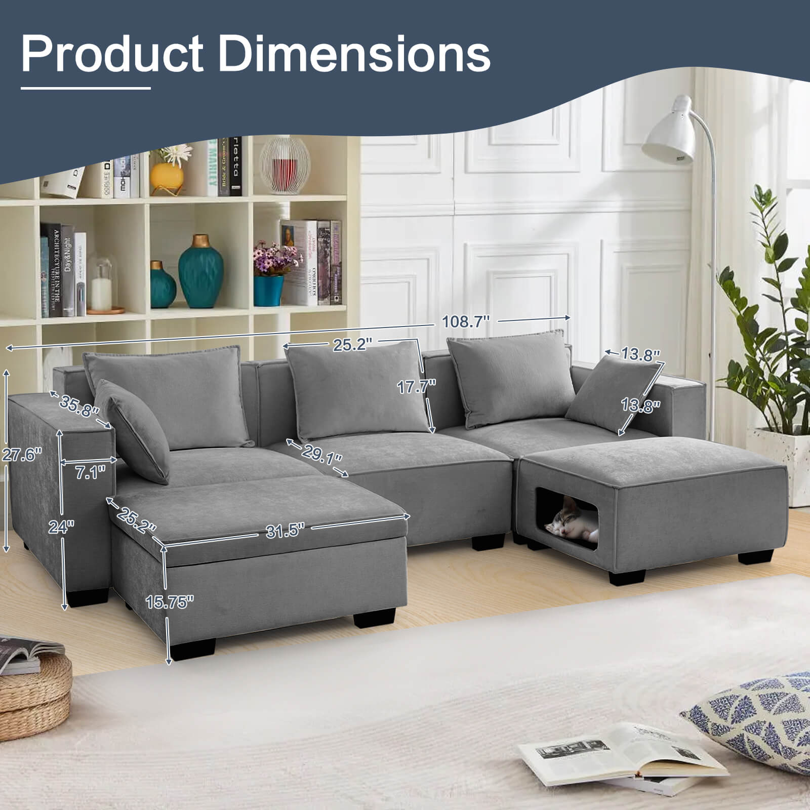 Modular Sectional 5 Seat Sofa, Extra Large U Shaped Couch with Storage & Pet Ottoman
