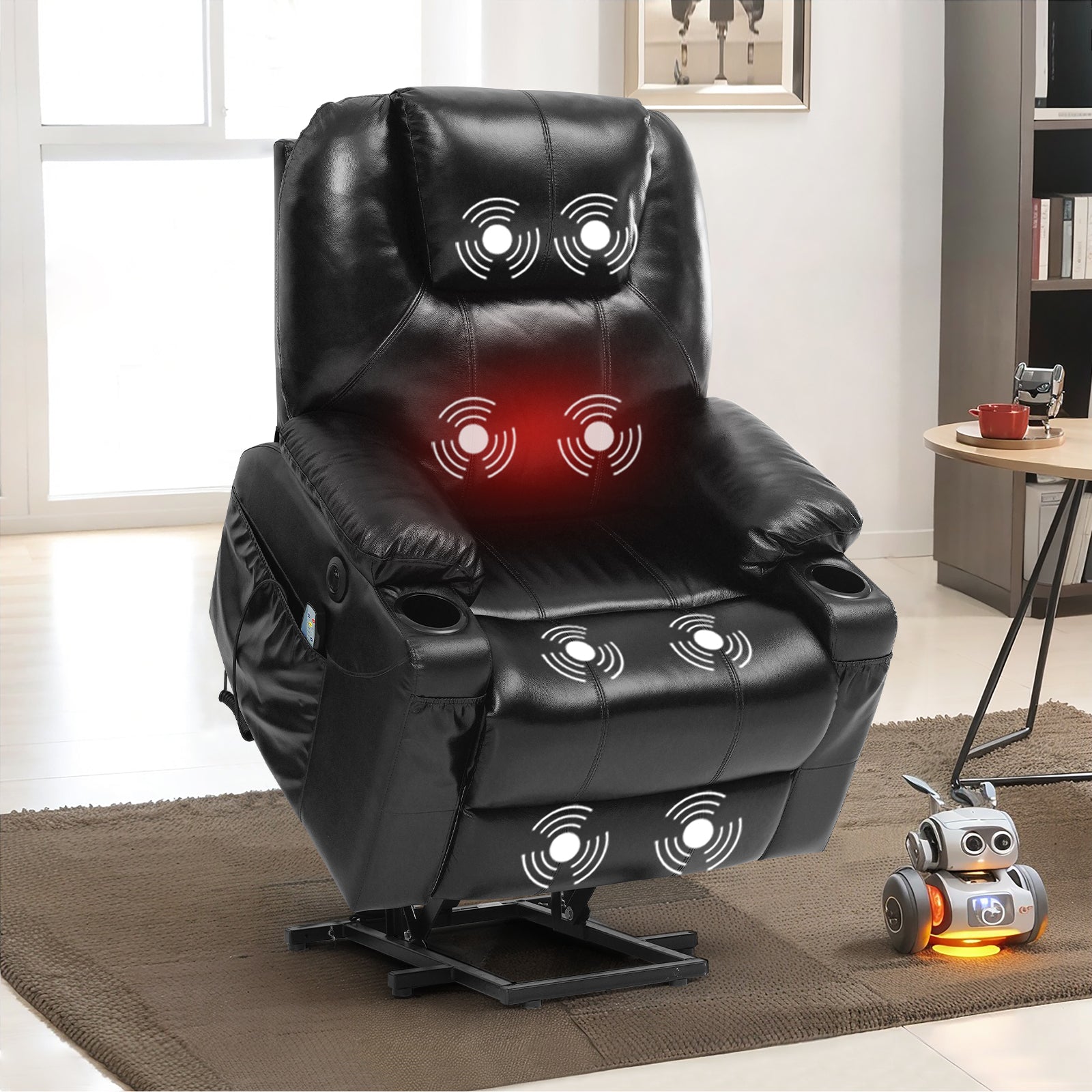 Genuine Leather Electric Lift Chair for the Elderly with Unlimited Positioning with Massage and Heating Functions, Electric Lift Chair with Wide Cup Holder, USB Port and Remote Control