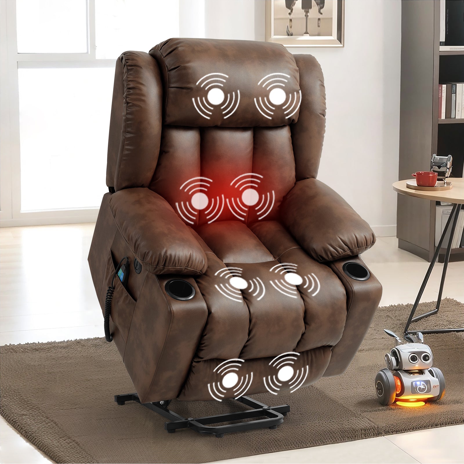 Genuine Leather Electric Lift Chair for the Elderly with Unlimited Positioning with Massage and Heating Functions, Electric Lift Chair with Wide Cup Holder, USB Port and Remote Control