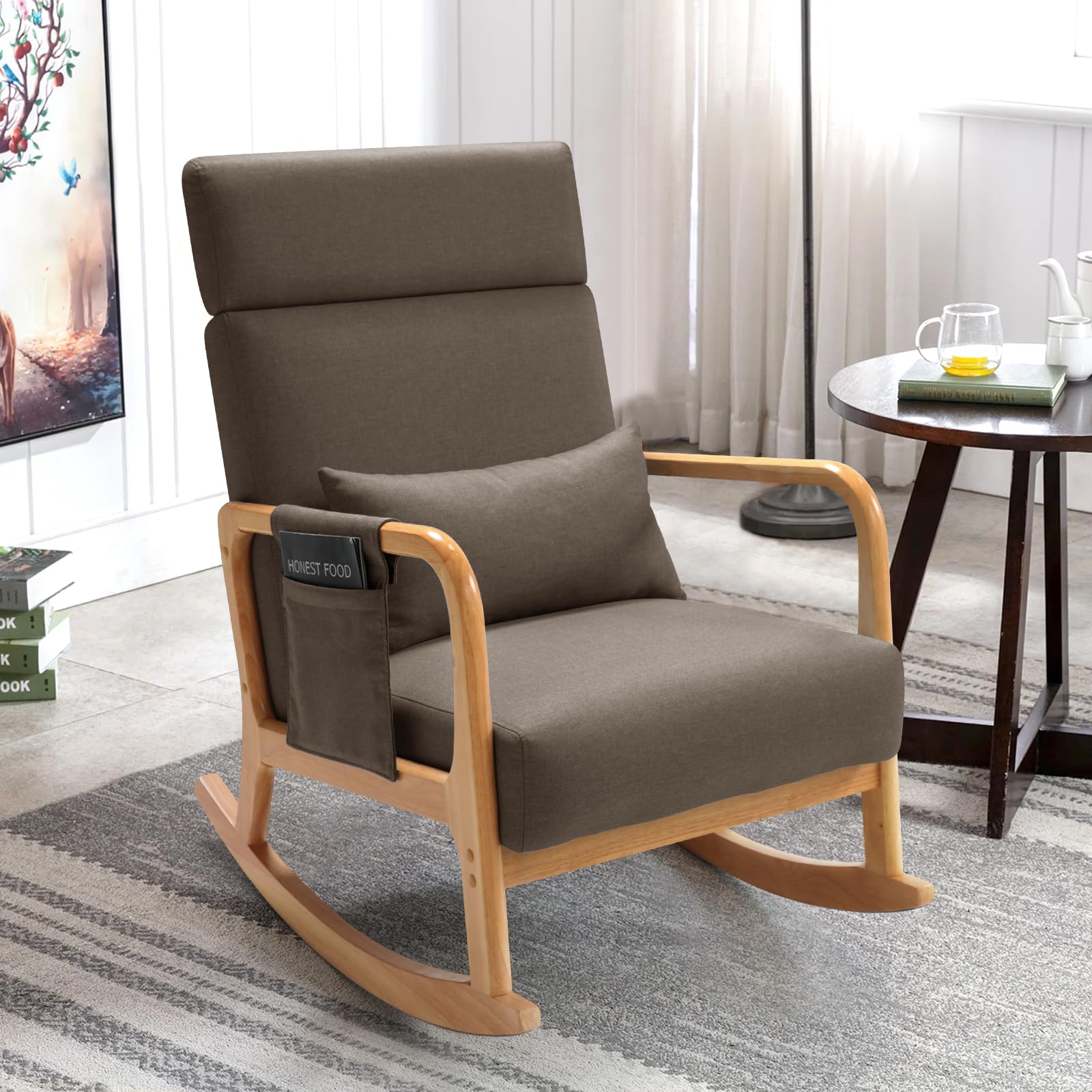 Solid Wood Rocking Chair with Thick Cushion, Glider, Adjustable Headrest and Lumbar Support