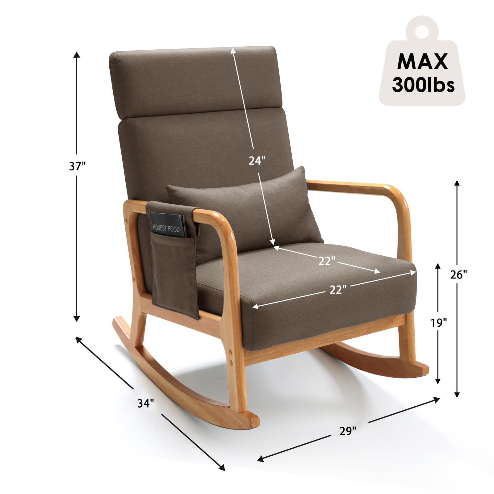 Solid Wood Rocking Chair with Thick Cushion, Glider, Adjustable Headrest and Lumbar Support