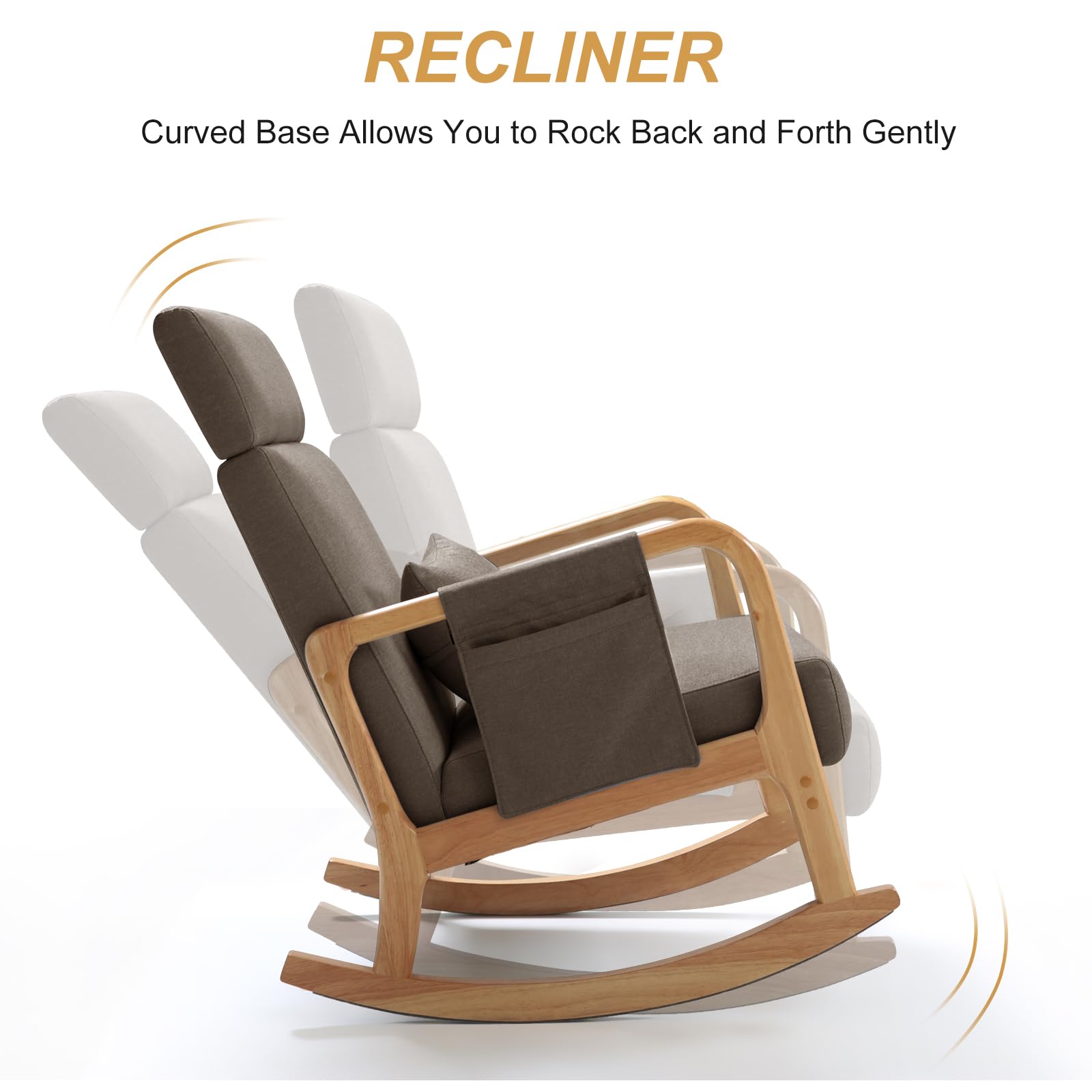 Solid Wood Rocking Chair with Thick Cushion, Glider, Adjustable Headrest and Lumbar Support