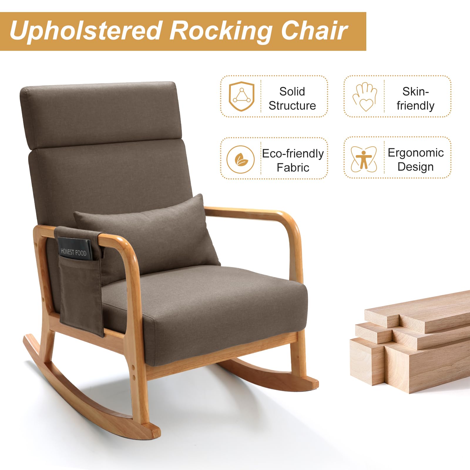 Solid Wood Rocking Chair with Thick Cushion, Glider, Adjustable Headrest and Lumbar Support