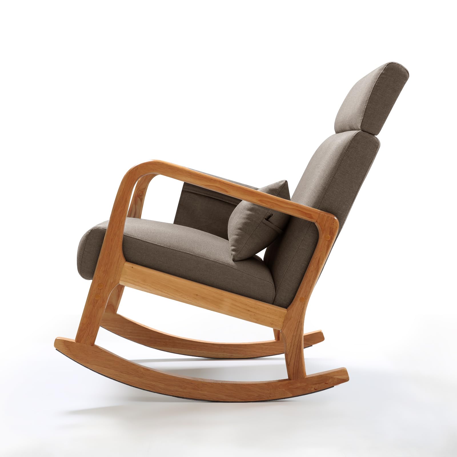 Solid Wood Rocking Chair with Thick Cushion, Glider, Adjustable Headrest and Lumbar Support