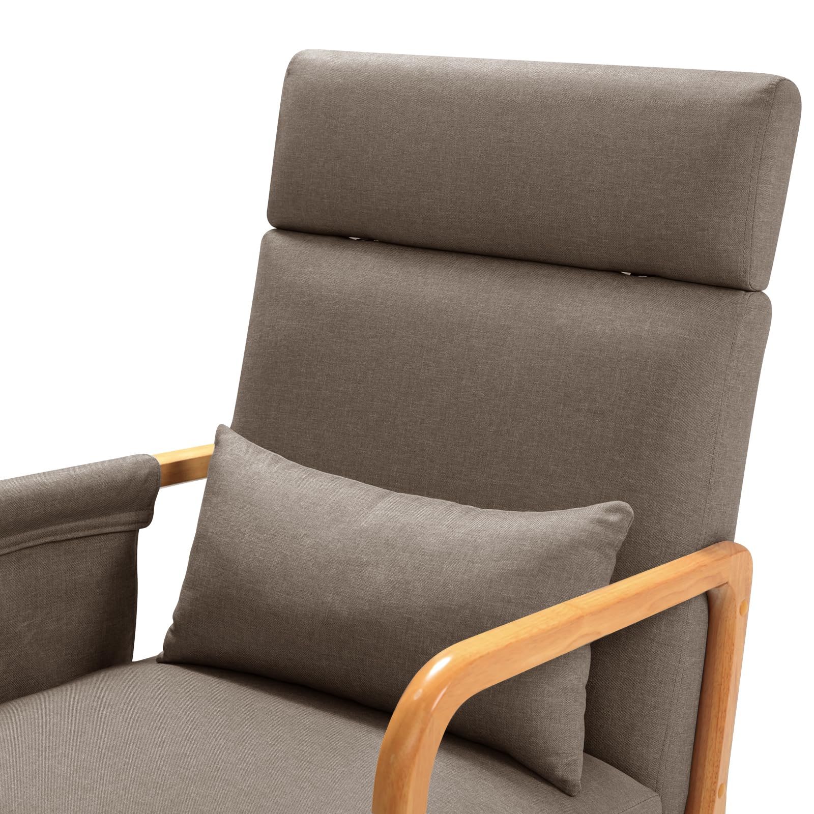 Solid Wood Rocking Chair with Thick Cushion, Glider, Adjustable Headrest and Lumbar Support