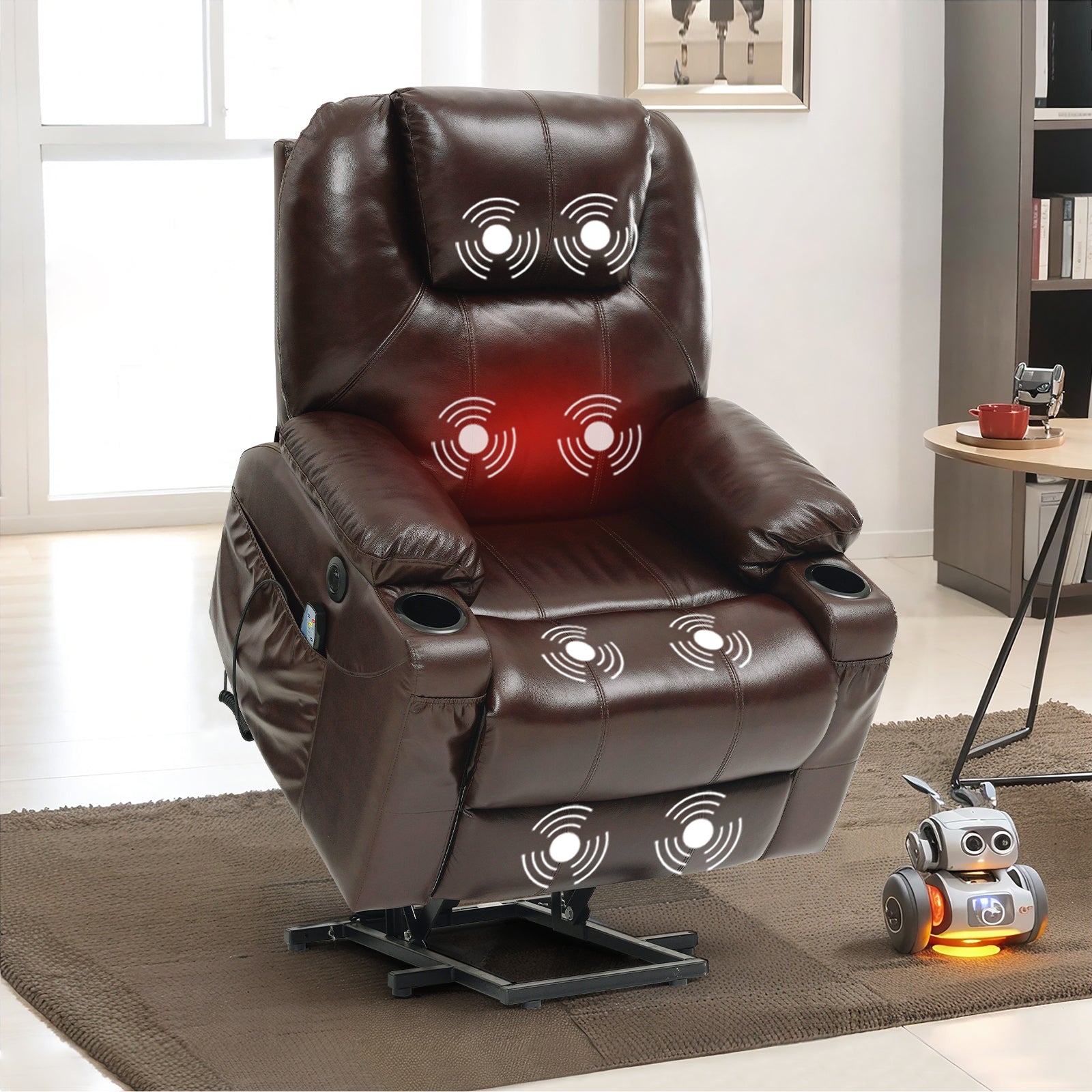 Genuine Leather Electric Lift Chair for the Elderly with Unlimited Positioning with Massage and Heating Functions, Electric Lift Chair with Wide Cup Holder, USB Port and Remote Control