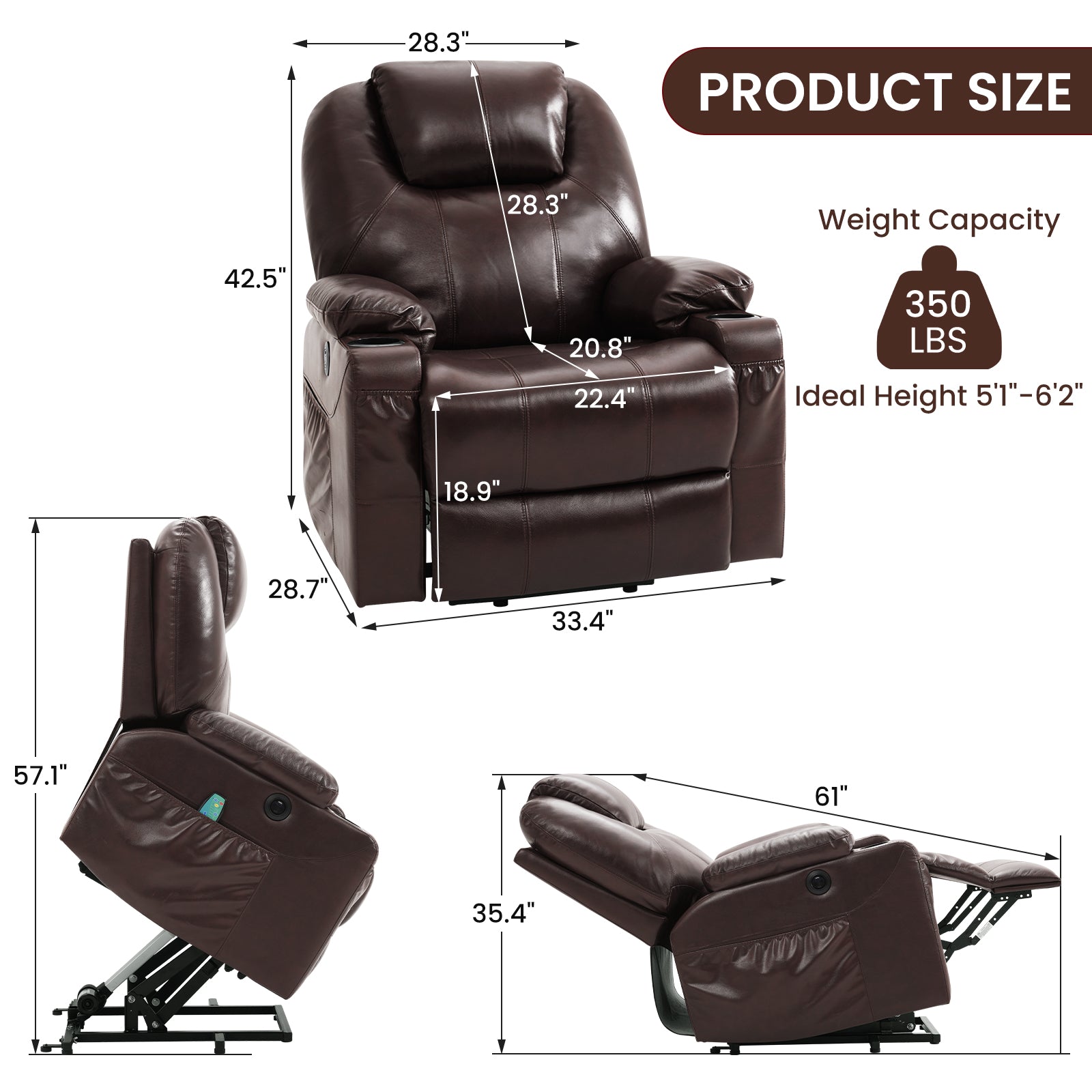 Genuine Leather Electric Lift Chair for the Elderly with Unlimited Positioning with Massage and Heating Functions, Electric Lift Chair with Wide Cup Holder, USB Port and Remote Control