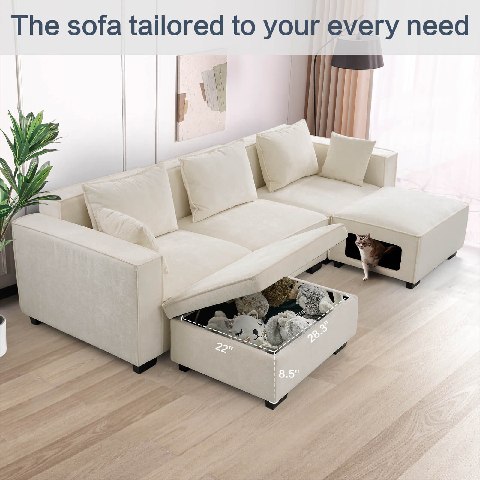 Modular Sectional 5 Seat Sofa, Extra Large U Shaped Couch with Storage & Pet Ottoman