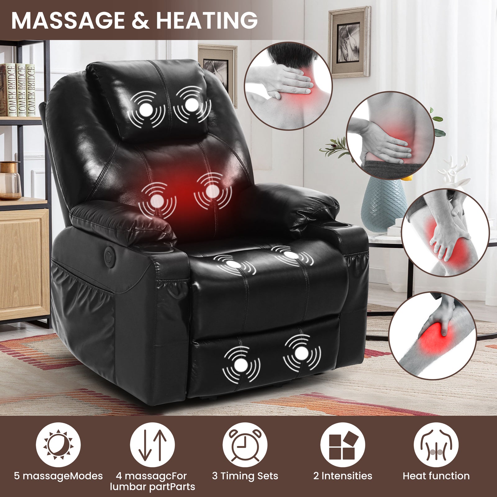 Genuine Leather Electric Lift Chair for the Elderly with Unlimited Positioning with Massage and Heating Functions, Electric Lift Chair with Wide Cup Holder, USB Port and Remote Control