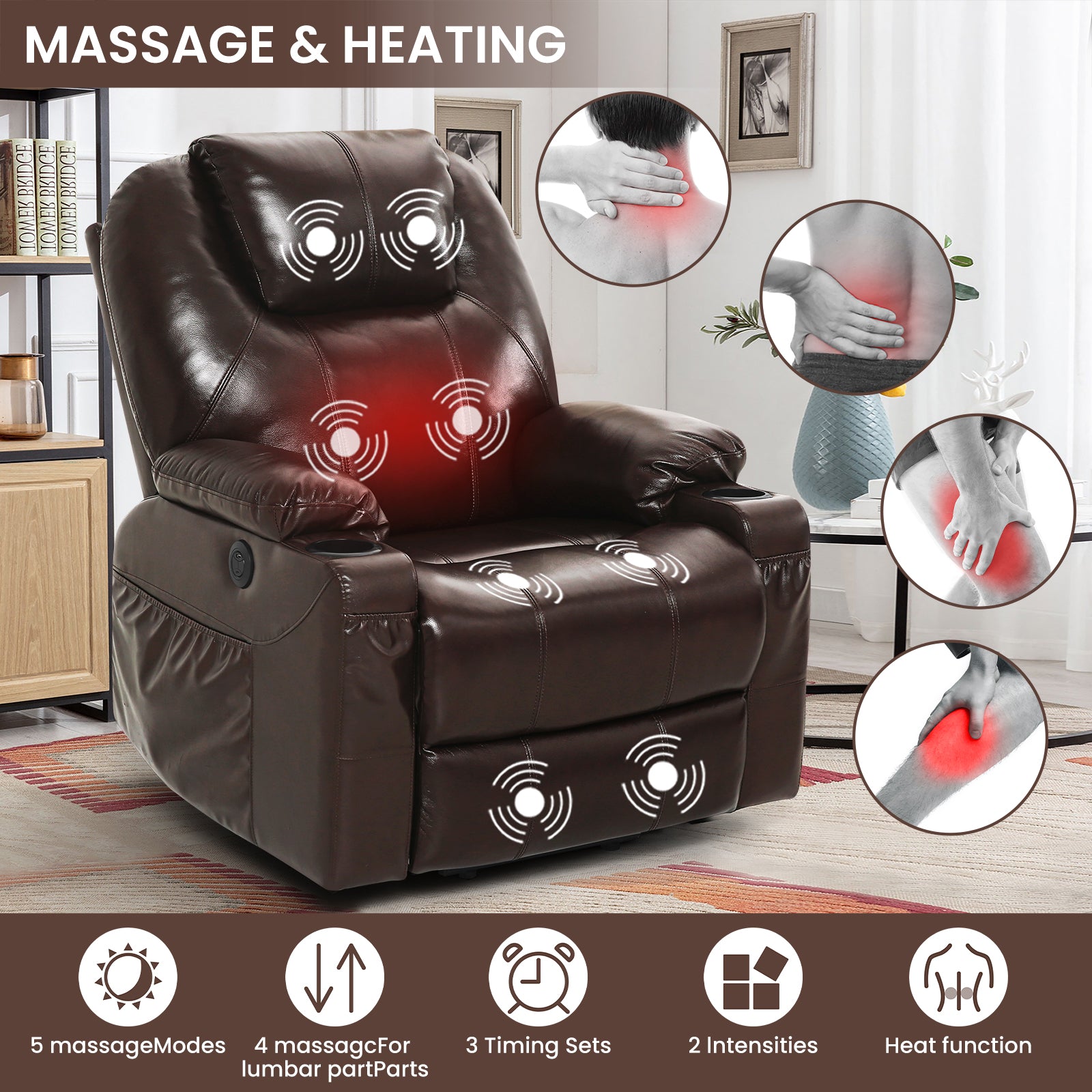 Genuine Leather Electric Lift Chair for the Elderly with Unlimited Positioning with Massage and Heating Functions, Electric Lift Chair with Wide Cup Holder, USB Port and Remote Control