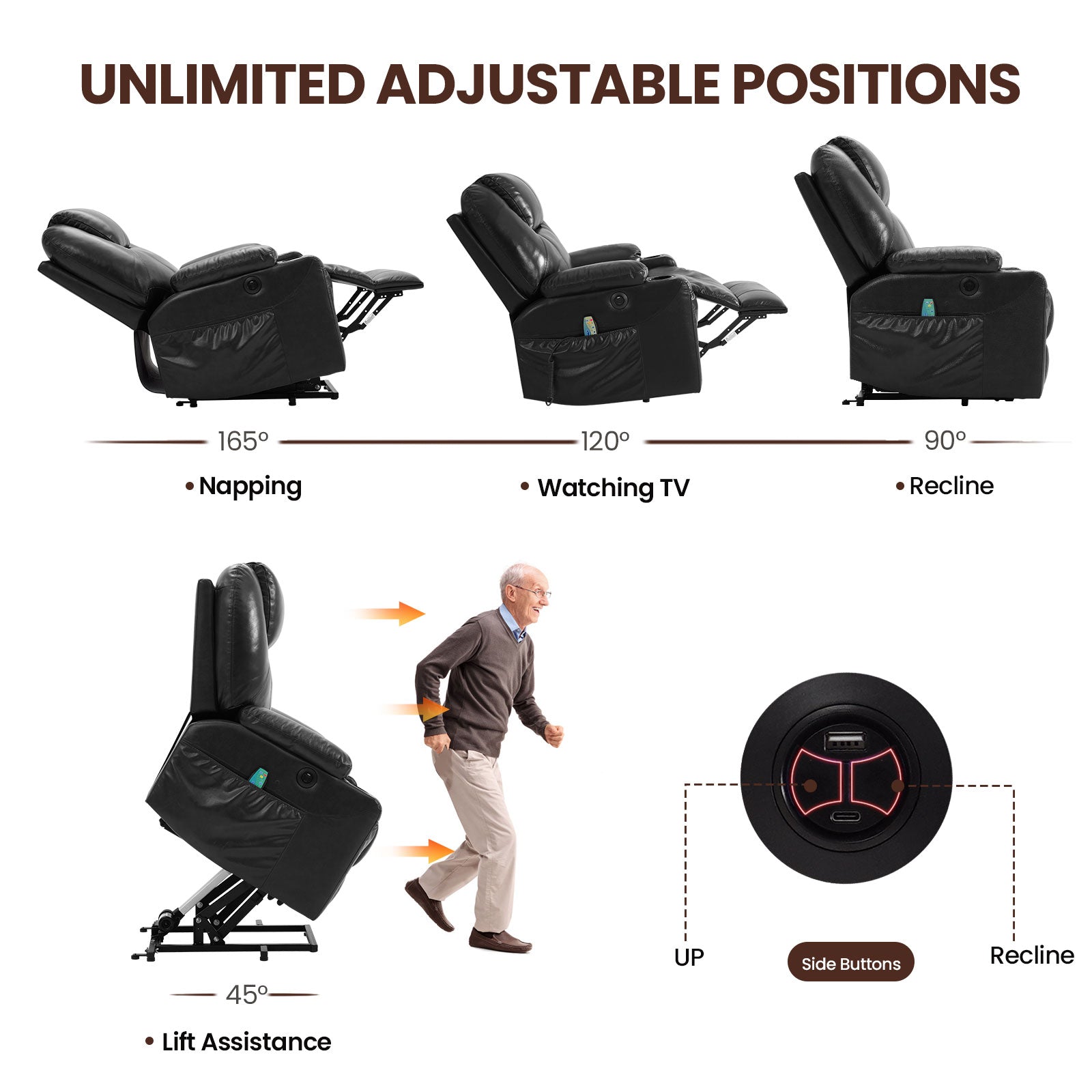 Genuine Leather Electric Lift Chair for the Elderly with Unlimited Positioning with Massage and Heating Functions, Electric Lift Chair with Wide Cup Holder, USB Port and Remote Control