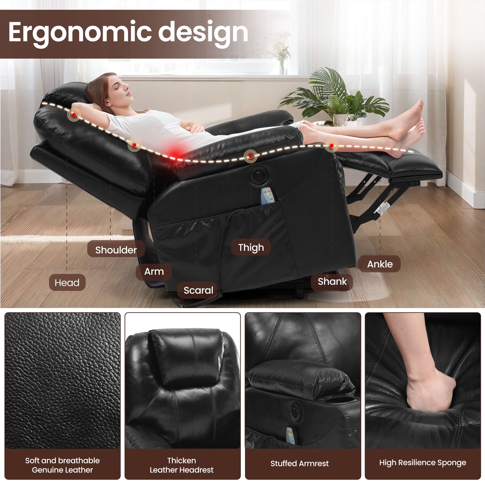 Genuine Leather Electric Lift Chair for the Elderly with Unlimited Positioning with Massage and Heating Functions, Electric Lift Chair with Wide Cup Holder, USB Port and Remote Control