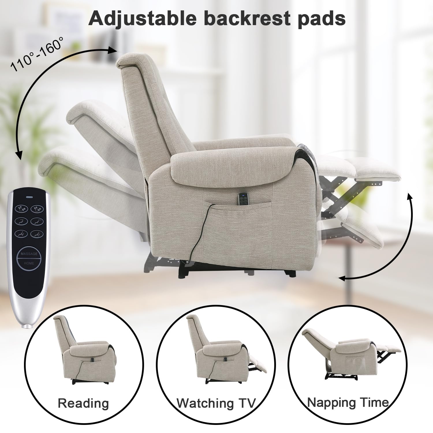 THLAND Reclining Massage Chair for Adults Chenille Fabric Single air Bag Massage Sofa Power Recliner Chair for Living Room Theater Seating Adjustable Back headrest