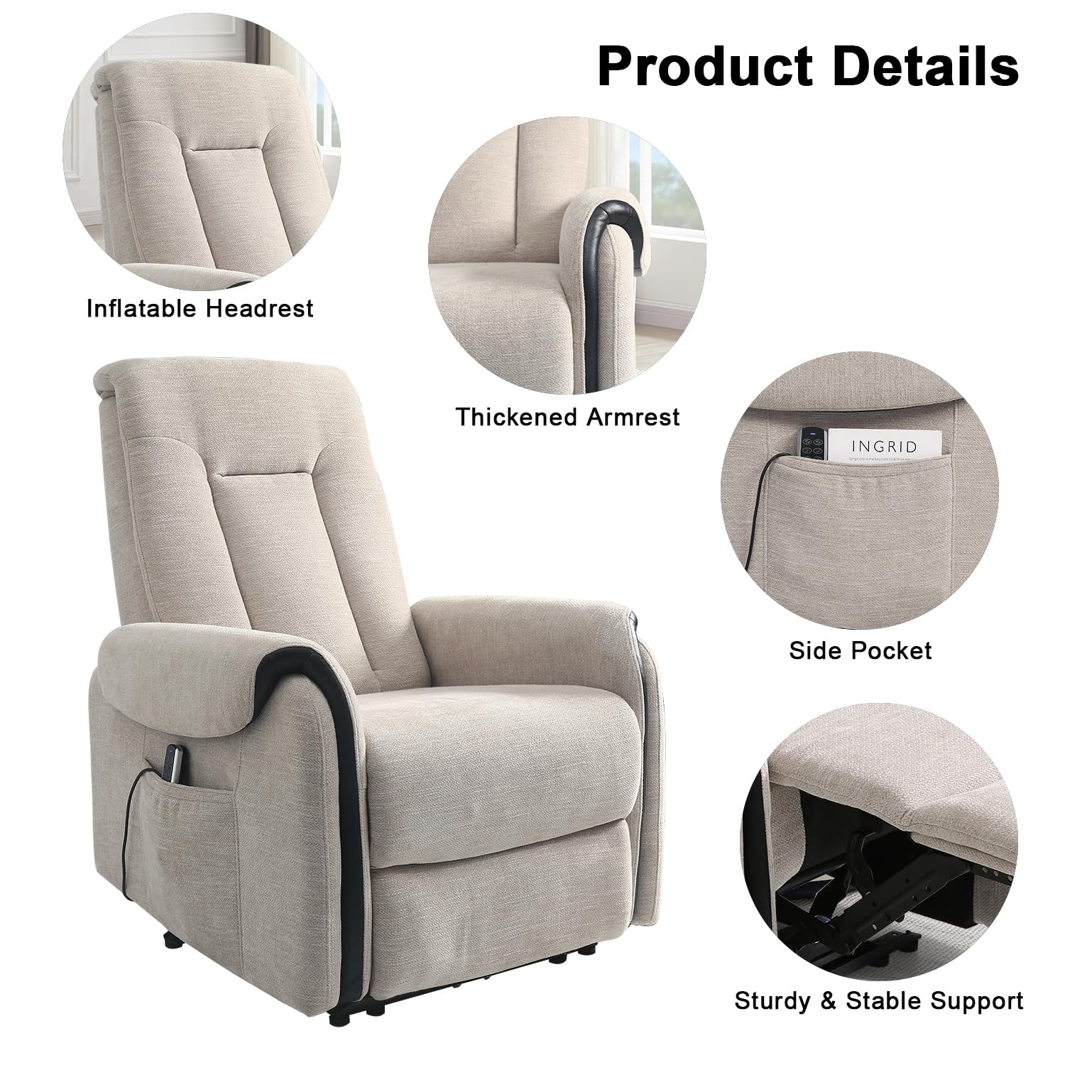 THLAND Reclining Massage Chair for Adults Chenille Fabric Single air Bag Massage Sofa Power Recliner Chair for Living Room Theater Seating Adjustable Back headrest