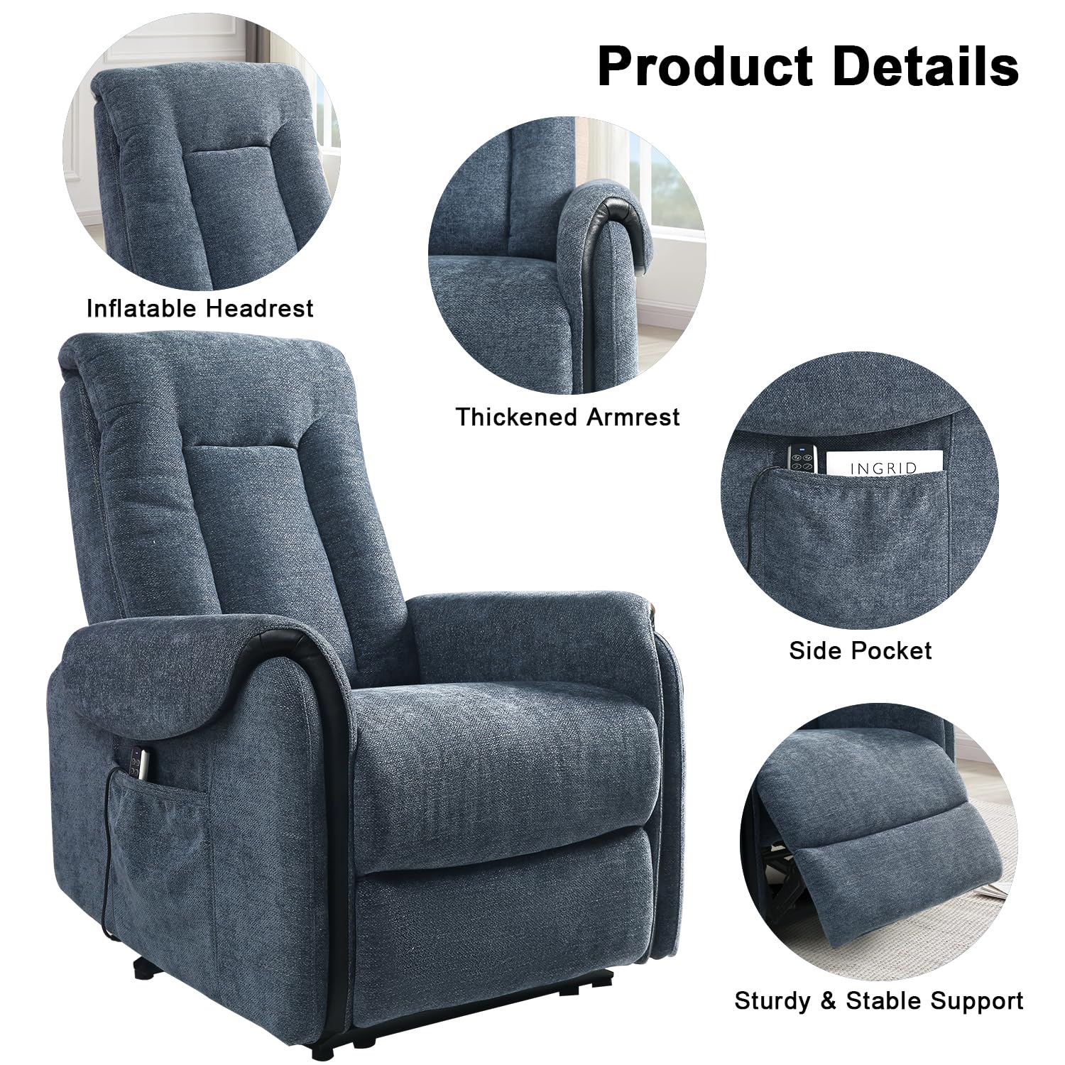 THLAND Reclining Massage Chair for Adults Chenille Fabric Single air Bag Massage Sofa Power Recliner Chair for Living Room Theater Seating Adjustable Back headrest