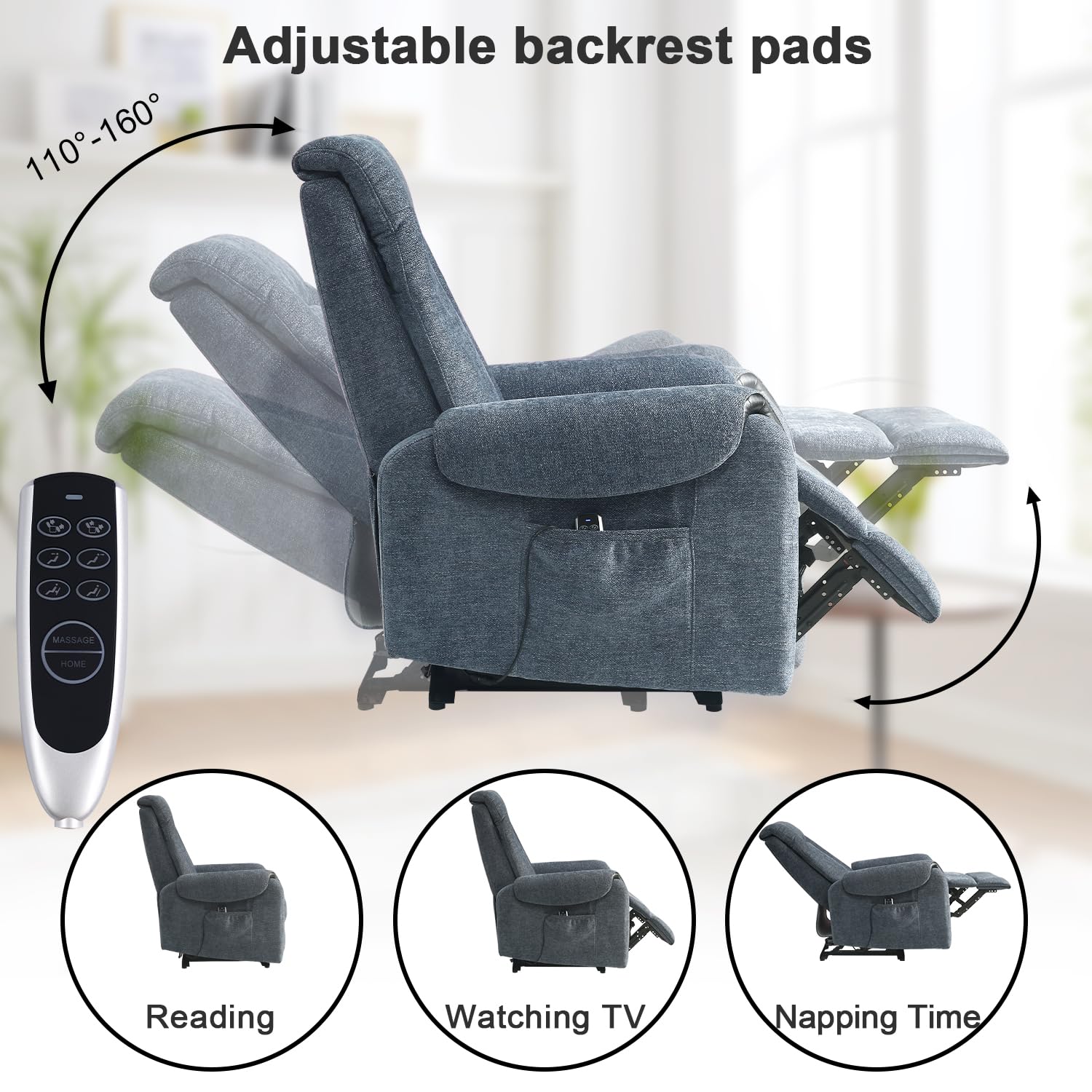 THLAND Reclining Massage Chair for Adults Chenille Fabric Single air Bag Massage Sofa Power Recliner Chair for Living Room Theater Seating Adjustable Back headrest