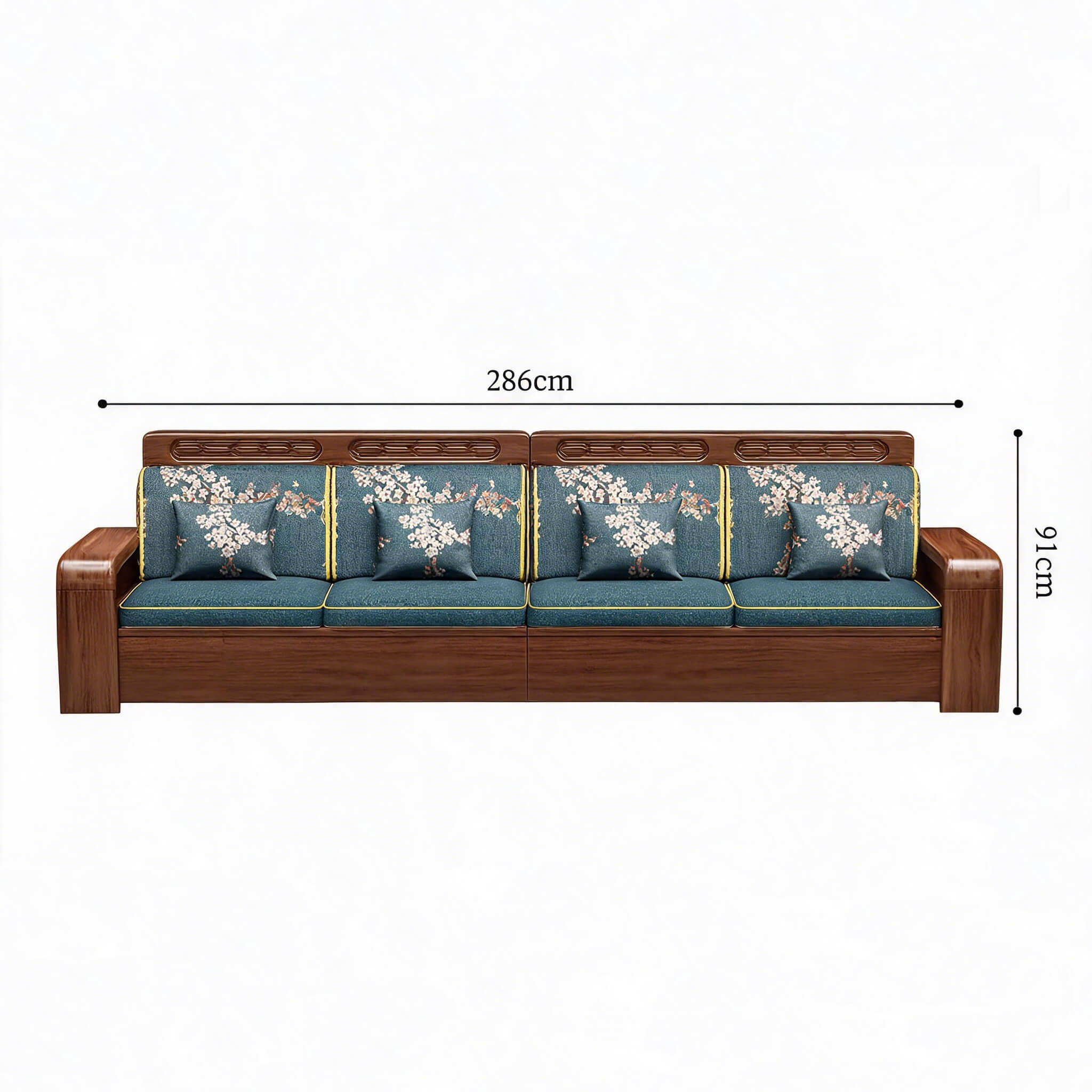 Chinese-Inspired Walnut Wood Sofa with Dual Hidden Storage, 1/2/3/4-Seat
