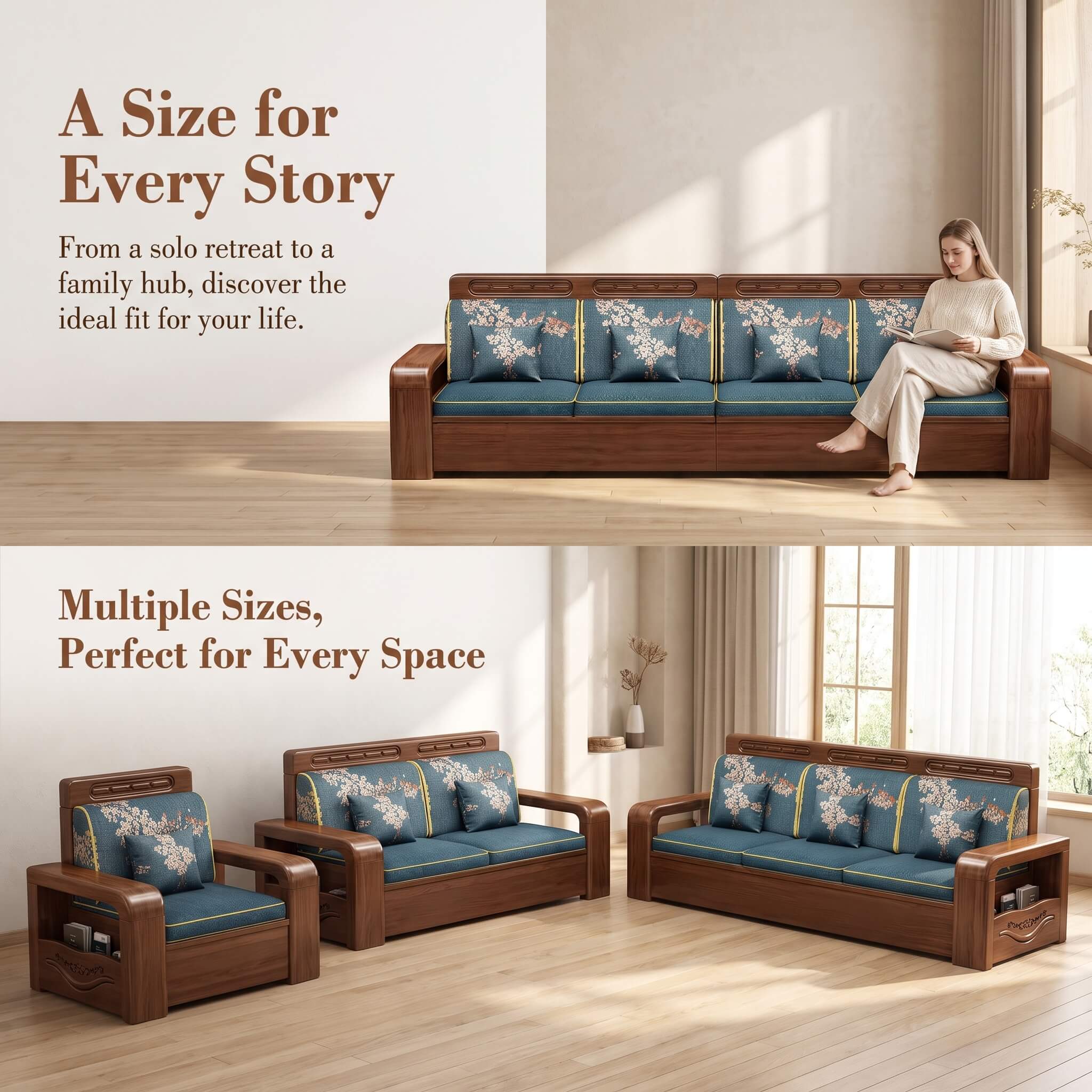 Chinese-Inspired Walnut Wood Sofa with Dual Hidden Storage, 1/2/3/4-Seat