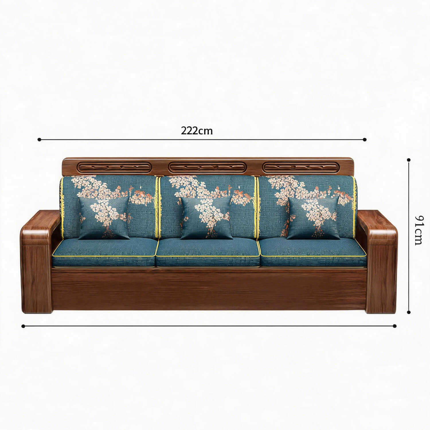 Chinese-Inspired Walnut Wood Sofa with Dual Hidden Storage, 1/2/3/4-Seat