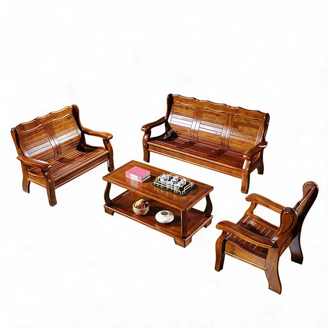 Chinese-Inspired Solid Camphor Wood Sofa Set – Armchair, Loveseat, 3-Seater & Tea Table