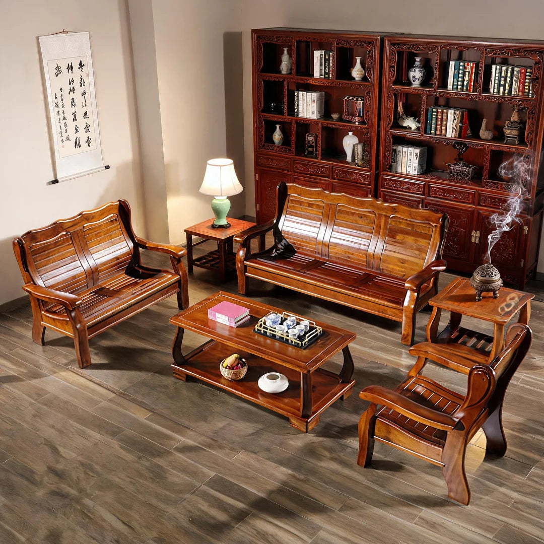 Chinese-Inspired Solid Camphor Wood Sofa Set – Armchair, Loveseat, 3-Seater & Tea Table