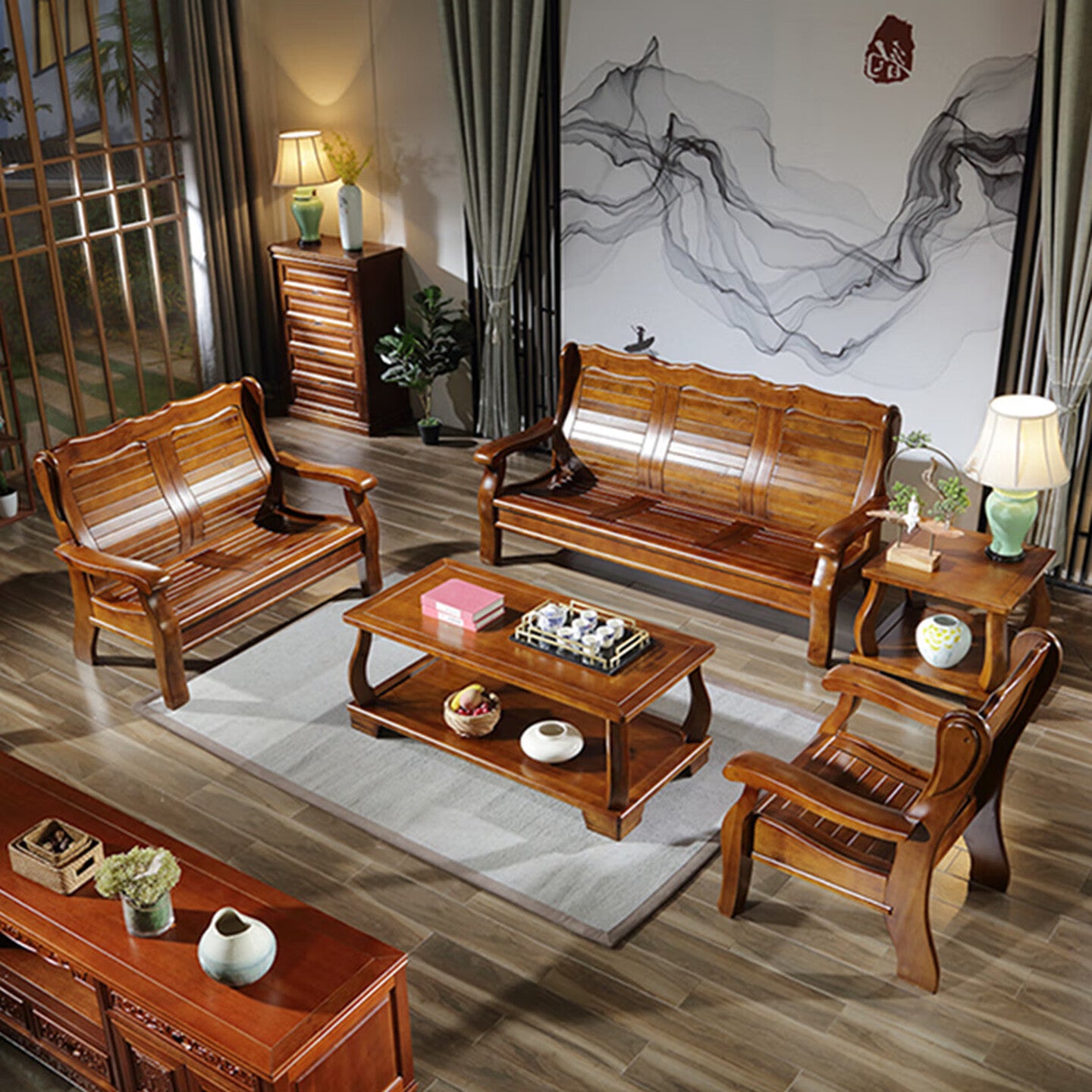 Chinese-Inspired Solid Camphor Wood Sofa Set – Armchair, Loveseat, 3-Seater & Tea Table