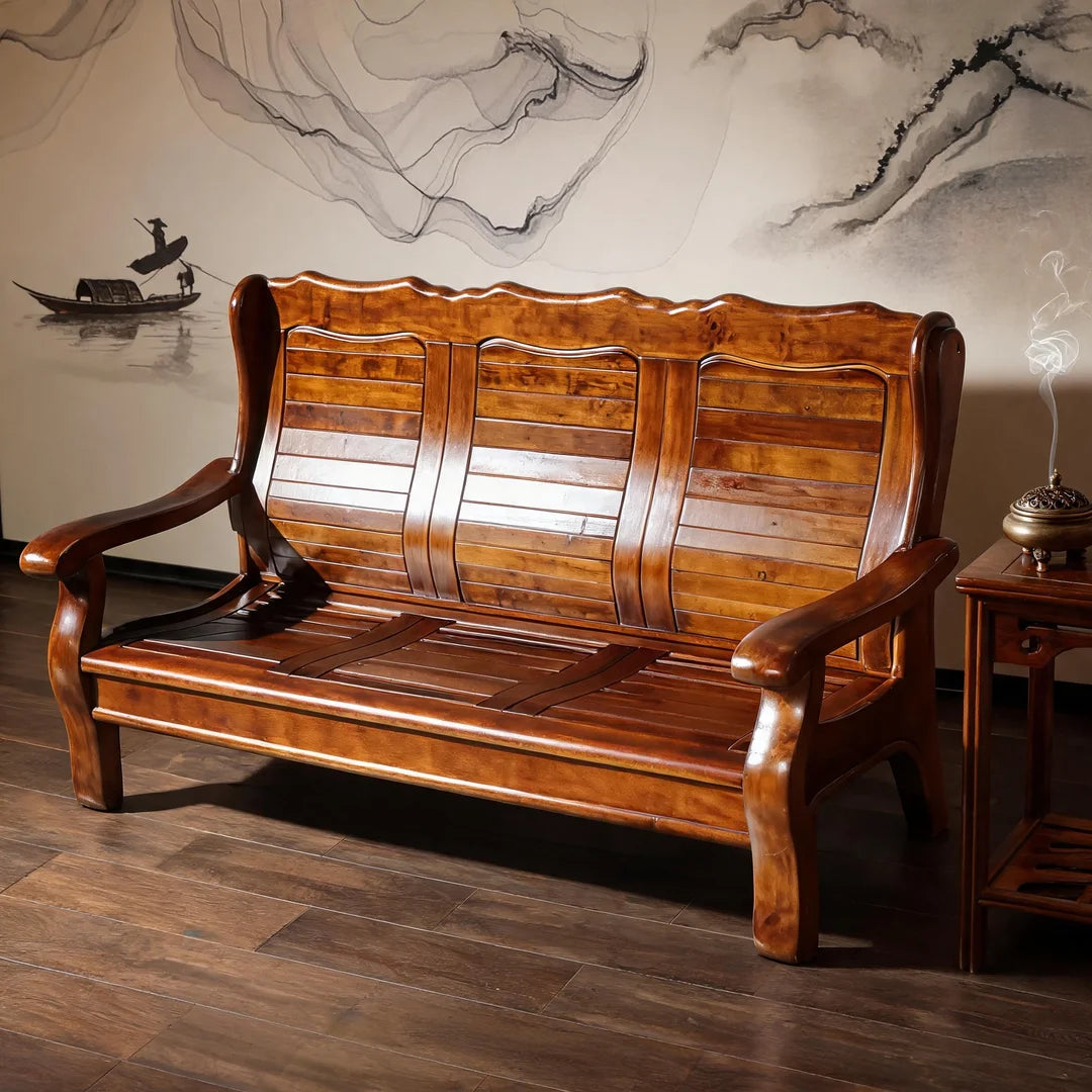 Chinese-Inspired Solid Camphor Wood Sofa Set – Armchair, Loveseat, 3-Seater & Tea Table