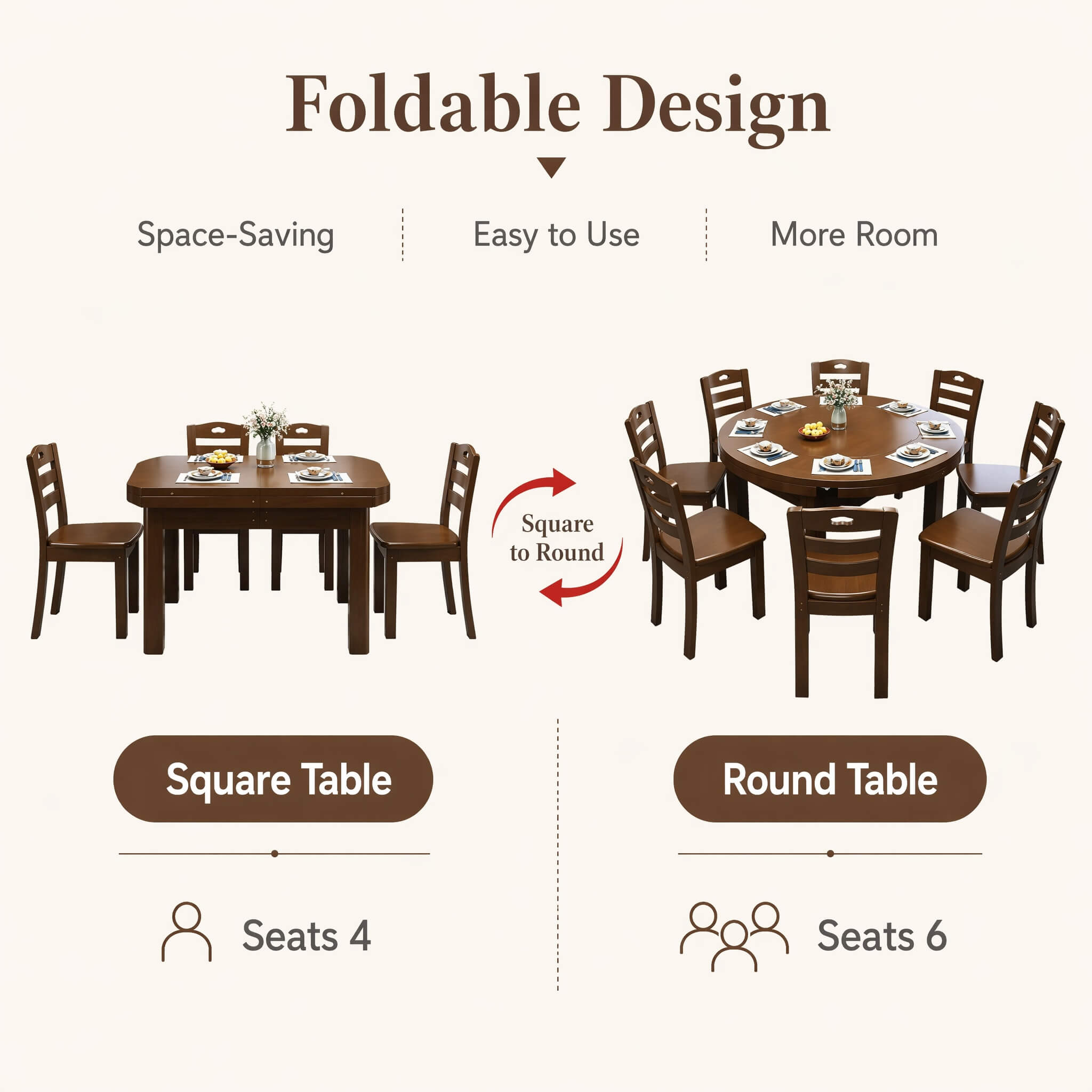 Chinese Solid Wood Extendable Dining Table Set Round Square Convertible Space Saving Design