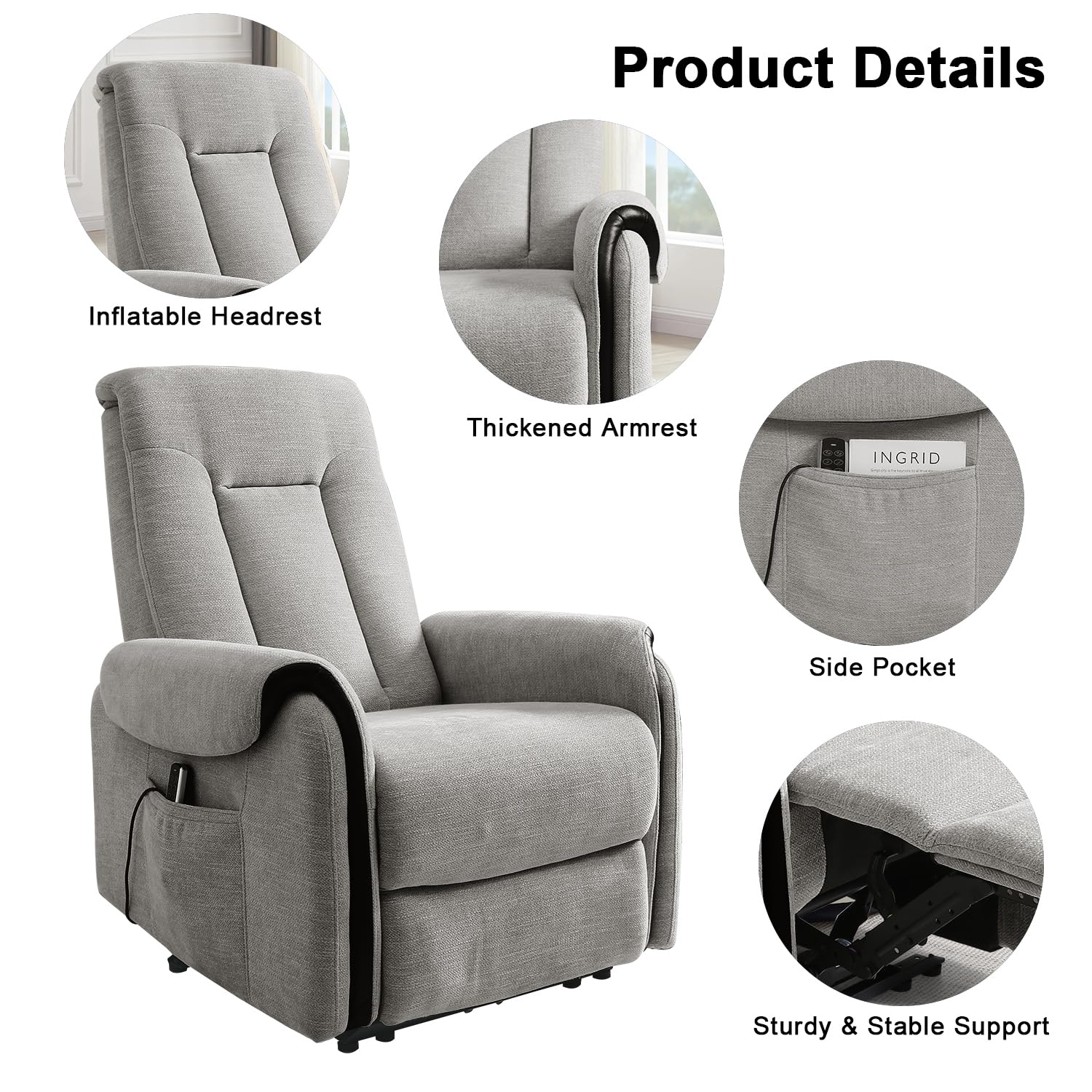 THLAND Reclining Massage Chair for Adults Chenille Fabric Single air Bag Massage Sofa Power Recliner Chair for Living Room Theater Seating Adjustable Back headrest