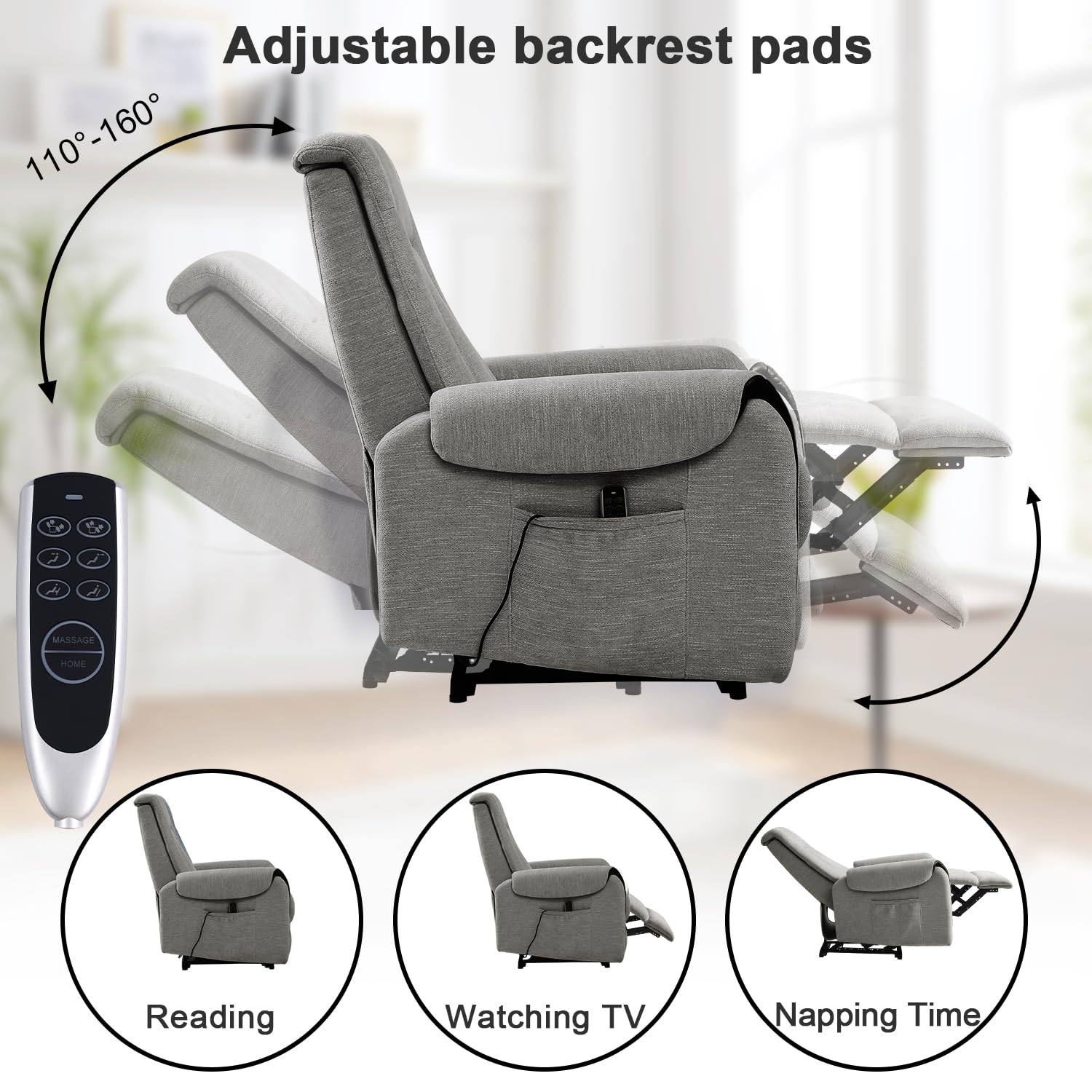 THLAND Reclining Massage Chair for Adults Chenille Fabric Single air Bag Massage Sofa Power Recliner Chair for Living Room Theater Seating Adjustable Back headrest