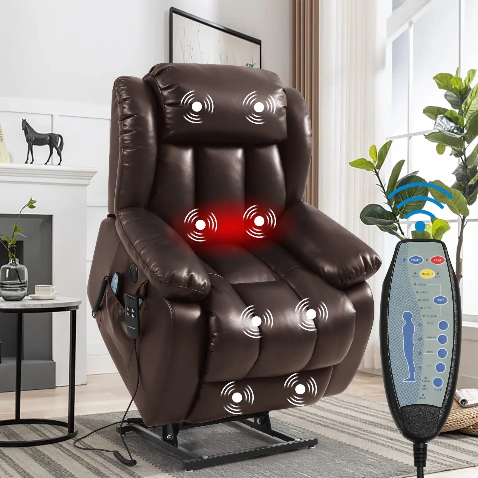 Genuine Leather Electric Lift Chair for the Elderly with Unlimited Positioning with Massage and Heating Functions, Electric Lift Chair with Wide Cup Holder, USB Port and Remote Control