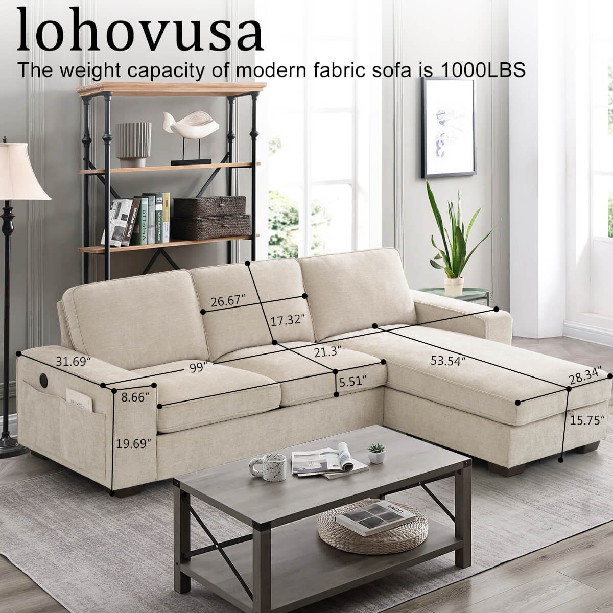 99" L-Shaped Convertible Sectional Sofa with 190L Storage Chaise