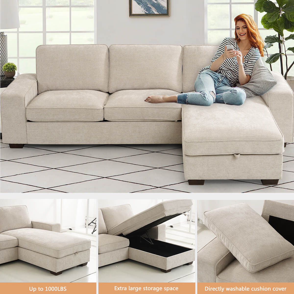 99" L-Shaped Convertible Sectional Sofa with 190L Storage Chaise