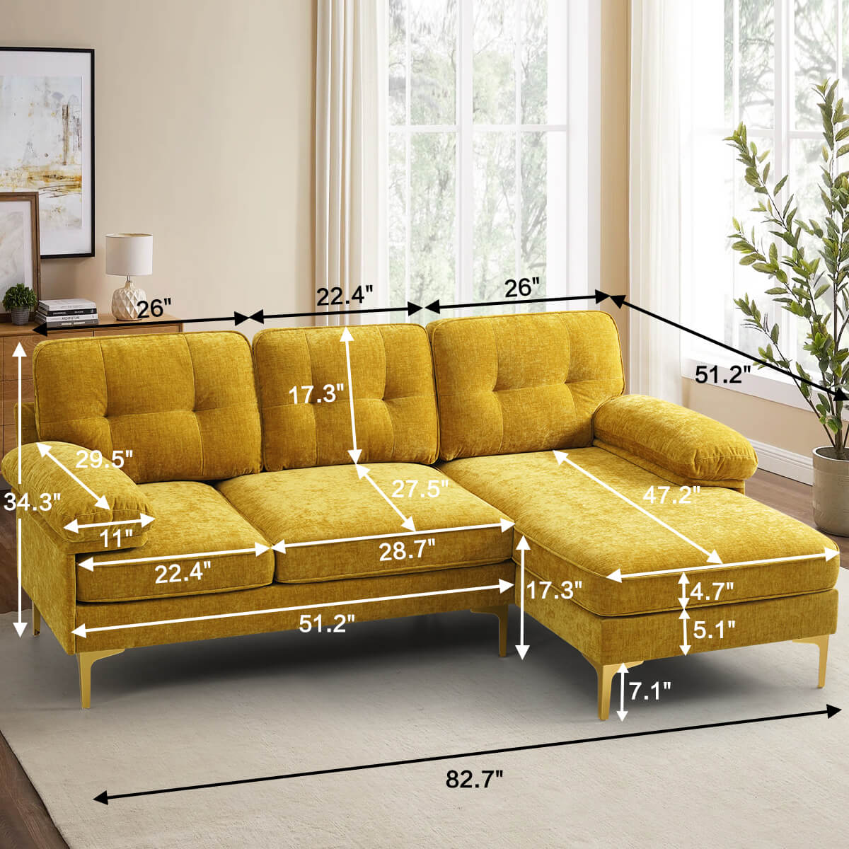 Convertible Sectional Sofa 83" L Shaped Couch with Reversible Chaise, Chenille Fabric