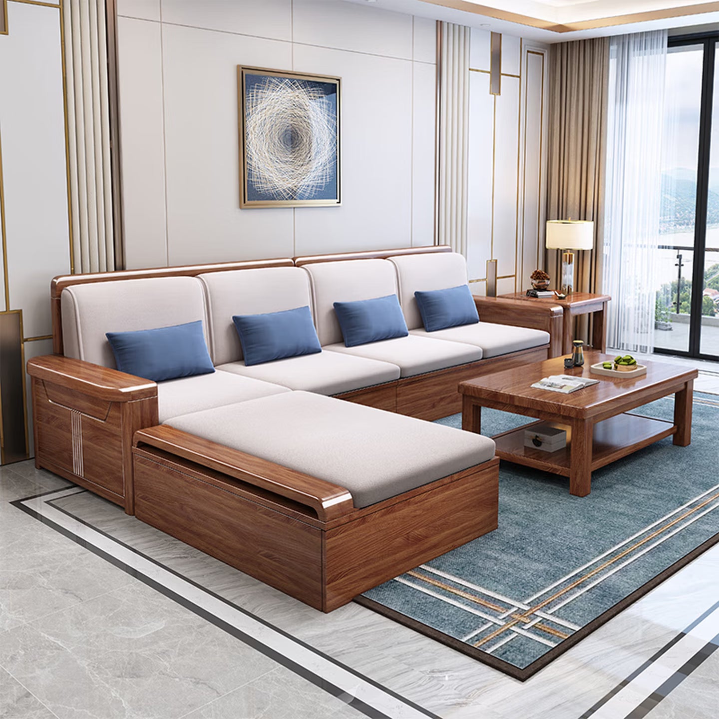 Luxury Solid Walnut Wood Sectional Sofa Set with Reversible Chaise Lounge & Removable Cushions, 4-Seater Couch with Matching Coffee Table & Storage for Living Room