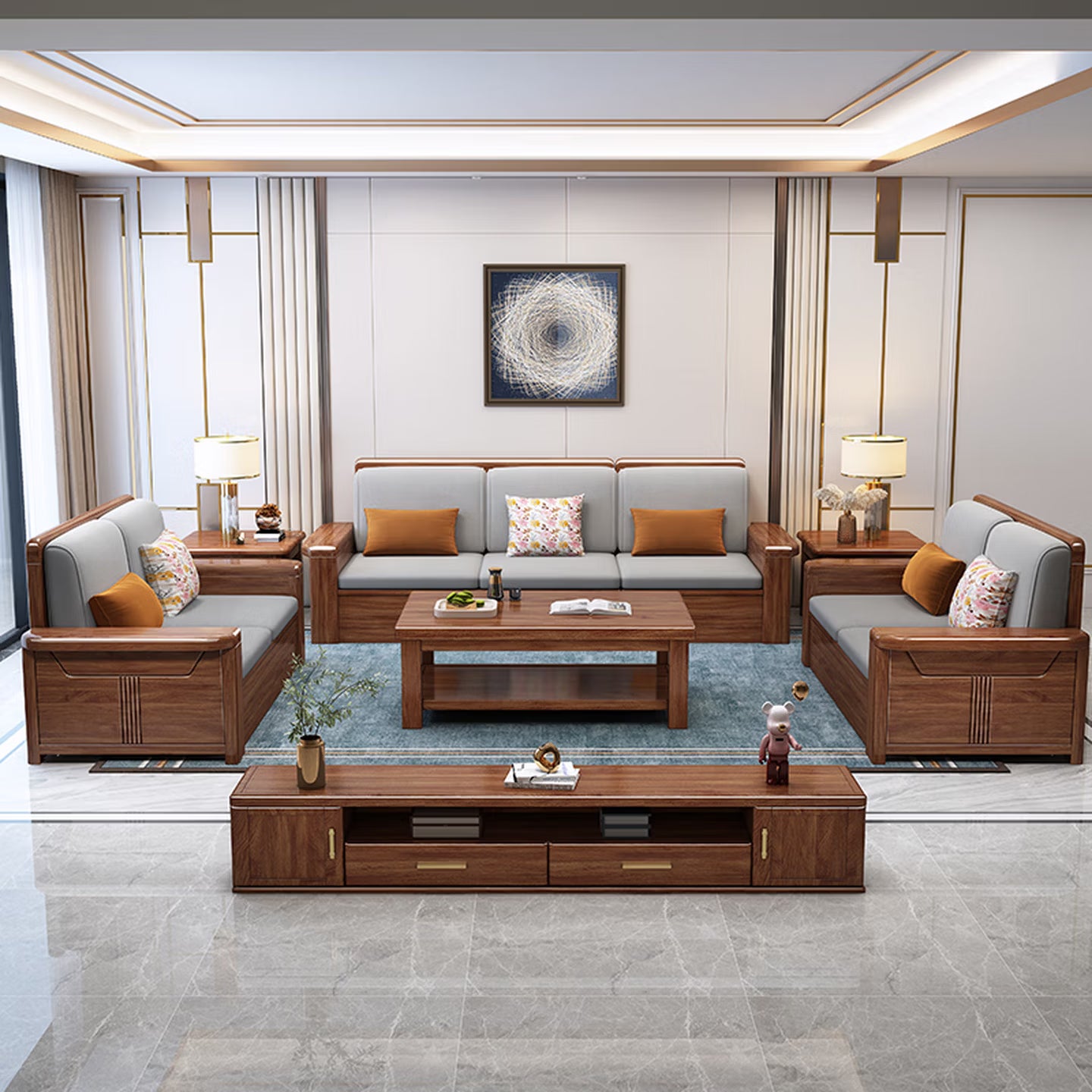 Luxury Solid Walnut Wood Sectional Sofa Set with Reversible Chaise Lounge & Removable Cushions, 4-Seater Couch with Matching Coffee Table & Storage for Living Room