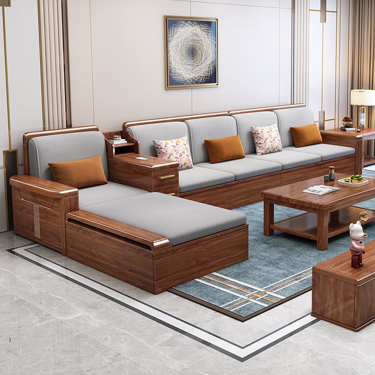 Luxury Solid Walnut Wood Sectional Sofa Set with Reversible Chaise Lounge & Removable Cushions, 4-Seater Couch with Matching Coffee Table & Storage for Living Room