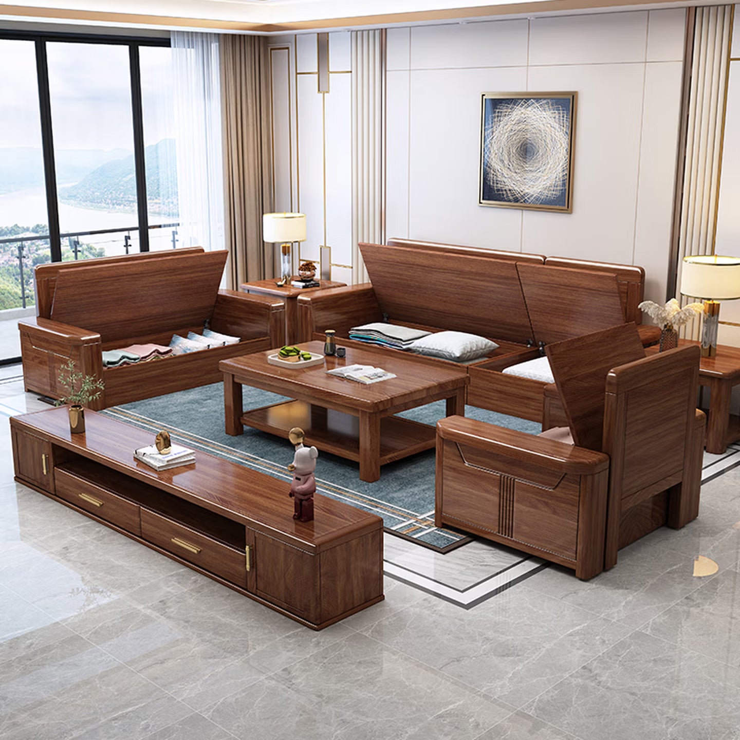 Luxury Solid Walnut Wood Sectional Sofa Set with Reversible Chaise Lounge & Removable Cushions, 4-Seater Couch with Matching Coffee Table & Storage for Living Room