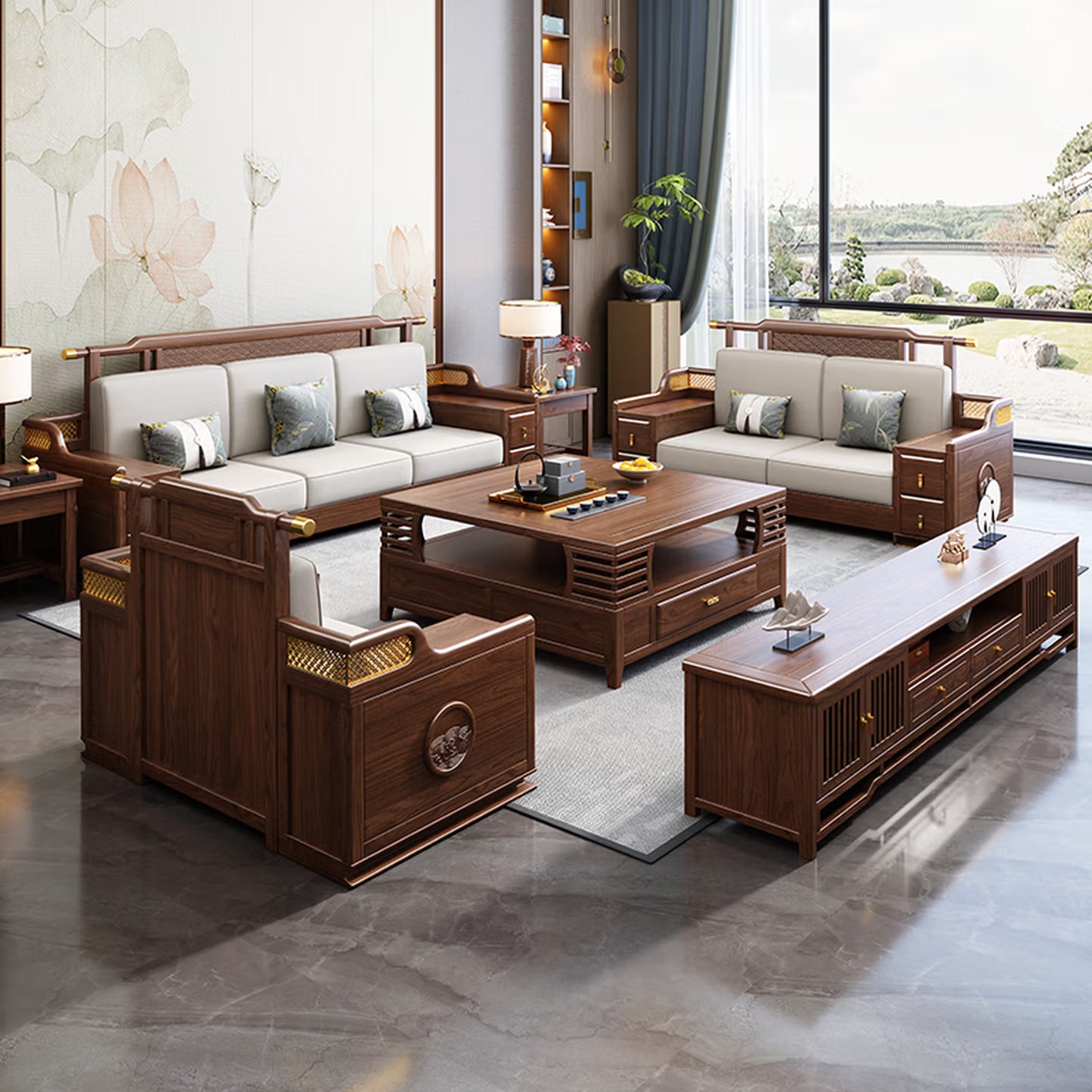 Modern Chinese Style Solid Zebrawood Sectional Sofa Set Premium L-Shaped Living Room Couch with Built-in Storage, Reversible Chaise, and All-Season Cushions
