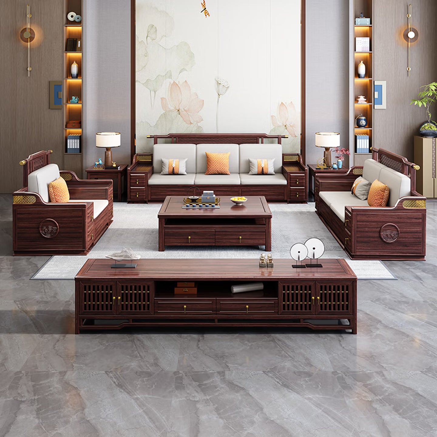Modern Chinese Style Solid Zebrawood Sectional Sofa Set Premium L-Shaped Living Room Couch with Built-in Storage, Reversible Chaise, and All-Season Cushions