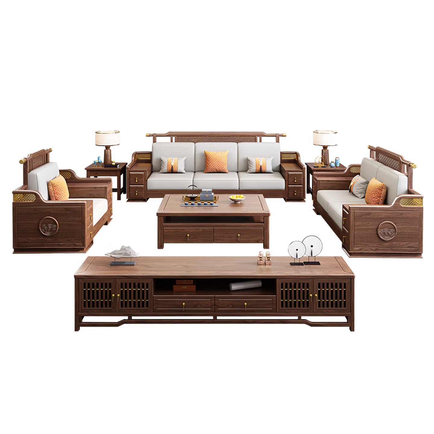 Modern Chinese Style Solid Zebrawood Sectional Sofa Set Premium L-Shaped Living Room Couch with Built-in Storage, Reversible Chaise, and All-Season Cushions