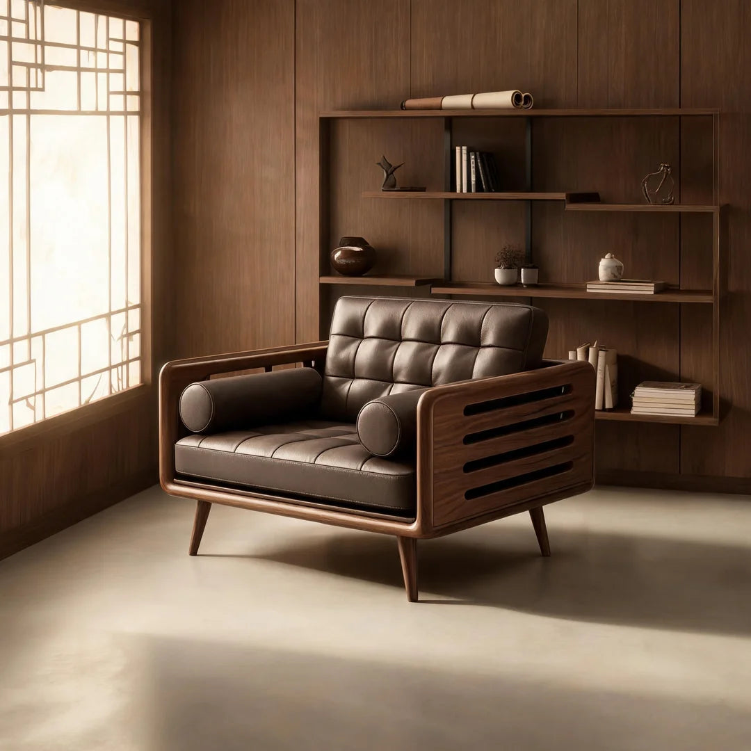 Modern Chinese Black Walnut & Genuine Leather Straight Sofa Set –  Mortise & Tenon Frame
