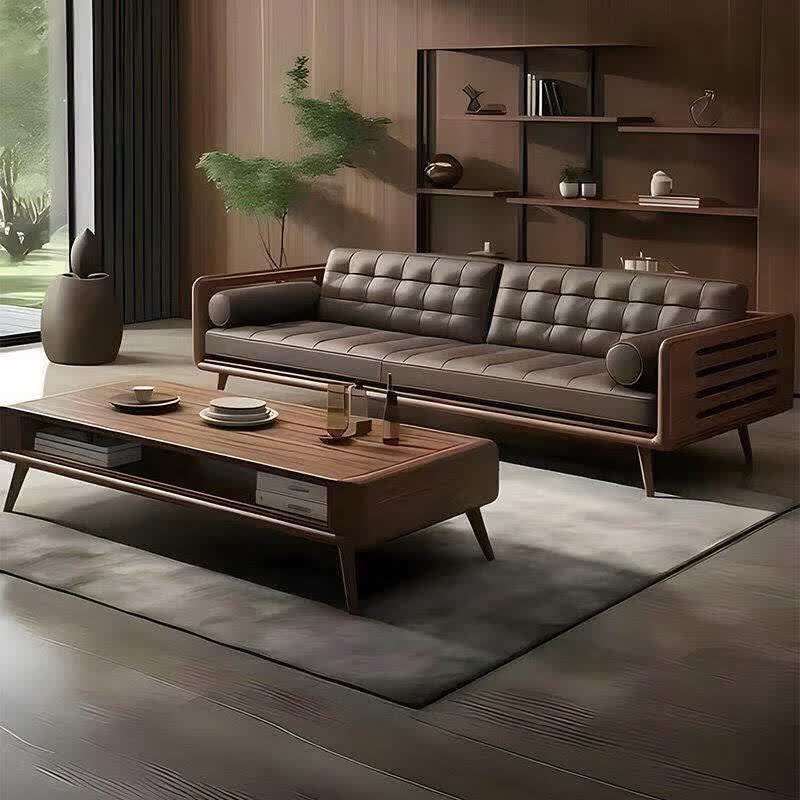 Modern Chinese Black Walnut & Genuine Leather Straight Sofa Set –  Mortise & Tenon Frame