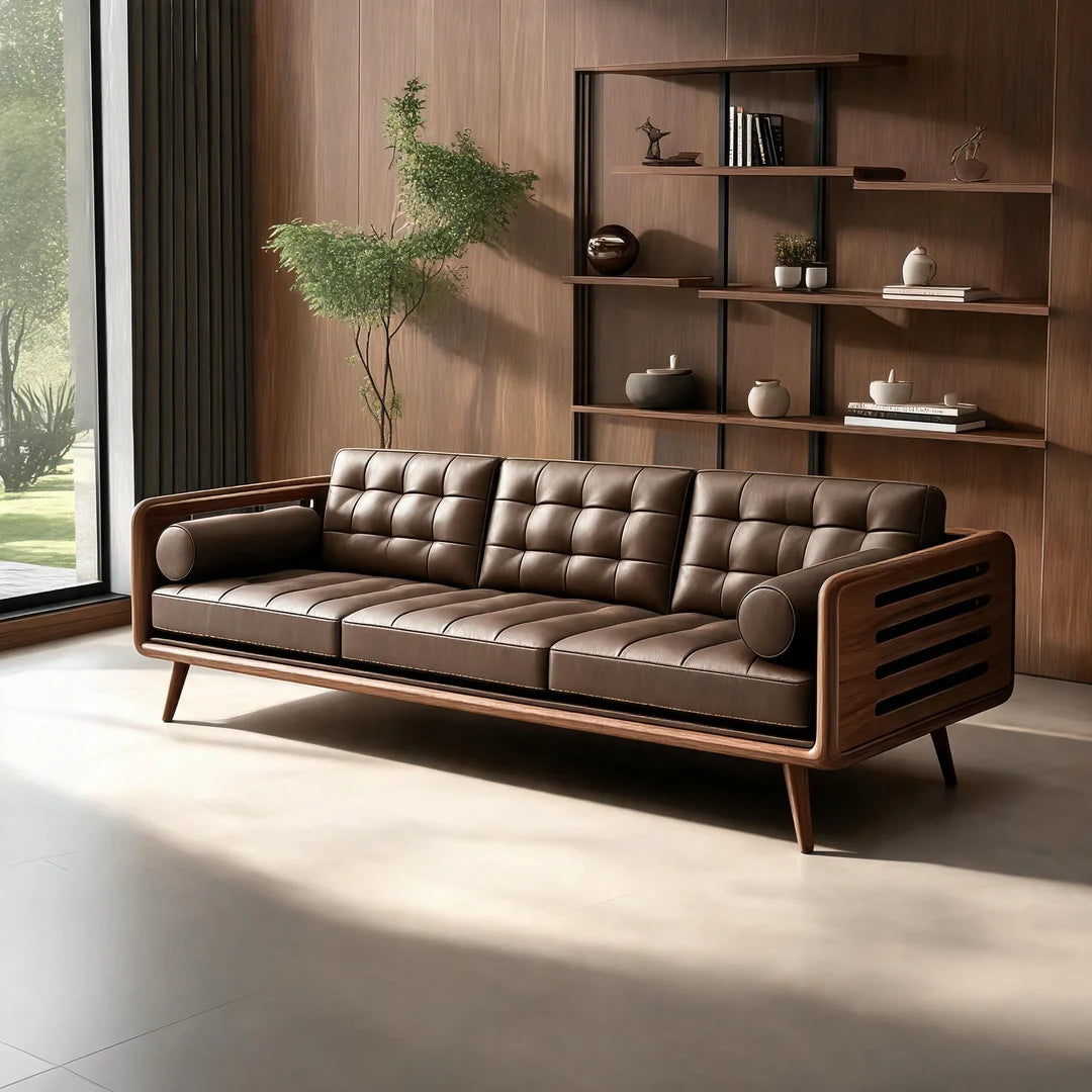 Modern Chinese Black Walnut & Genuine Leather Straight Sofa Set –  Mortise & Tenon Frame