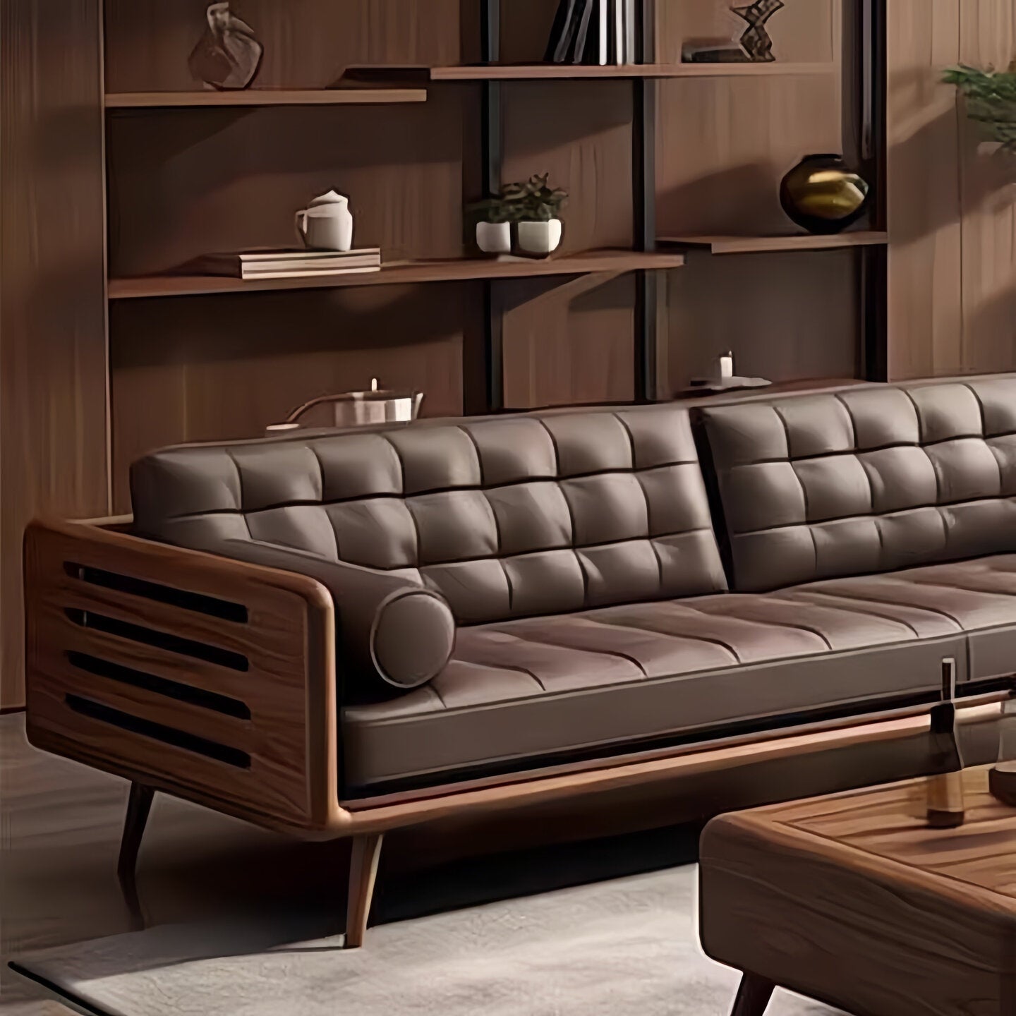 Modern Chinese Black Walnut & Genuine Leather Straight Sofa Set –  Mortise & Tenon Frame