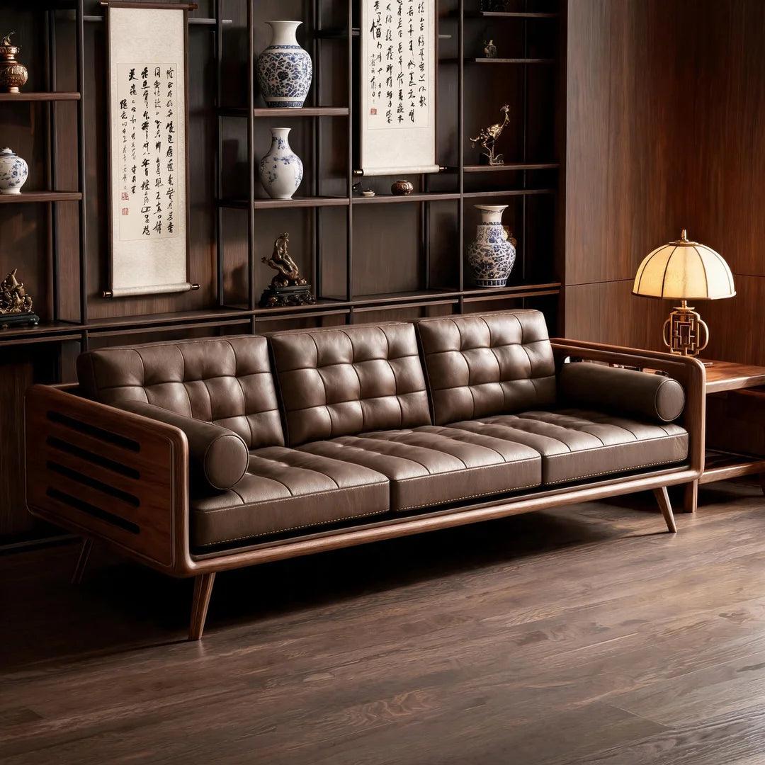 Modern Chinese Black Walnut & Genuine Leather Straight Sofa Set –  Mortise & Tenon Frame